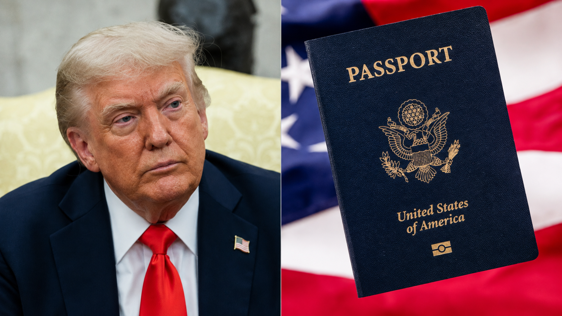 Composite image showing President Donald Trump beside a United States passport.