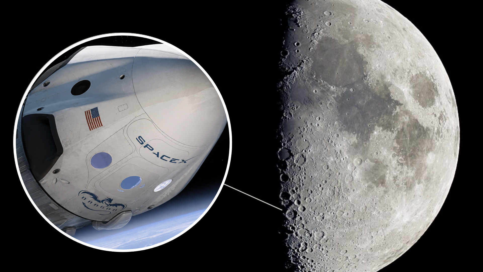 Graphic showing a SpaceX Dragon spacecraft alongside the Moon to illustrate a lunar mission.