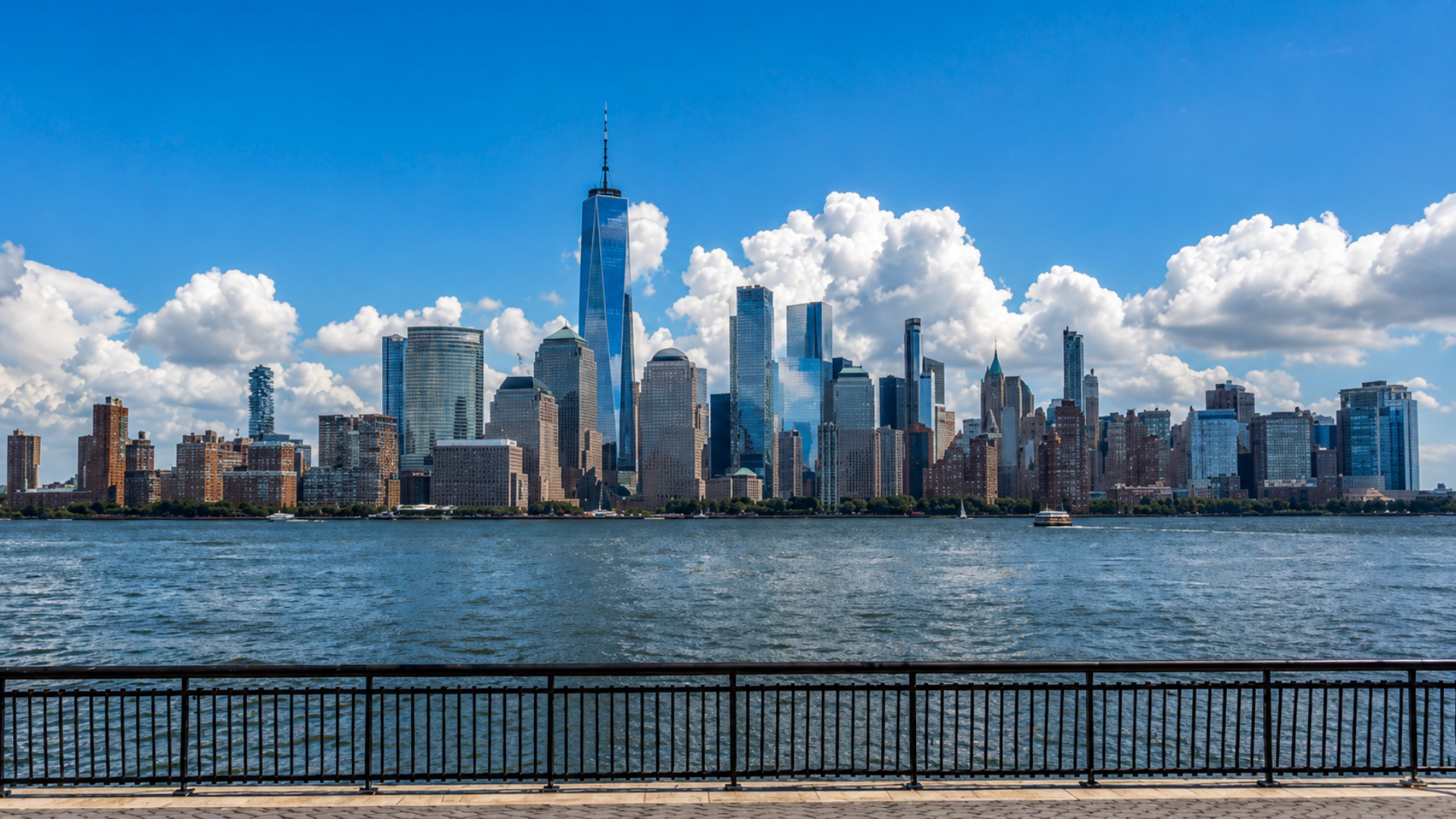 Lower Manhattan skyline and One World Trade Center viewed across the Hudson River.