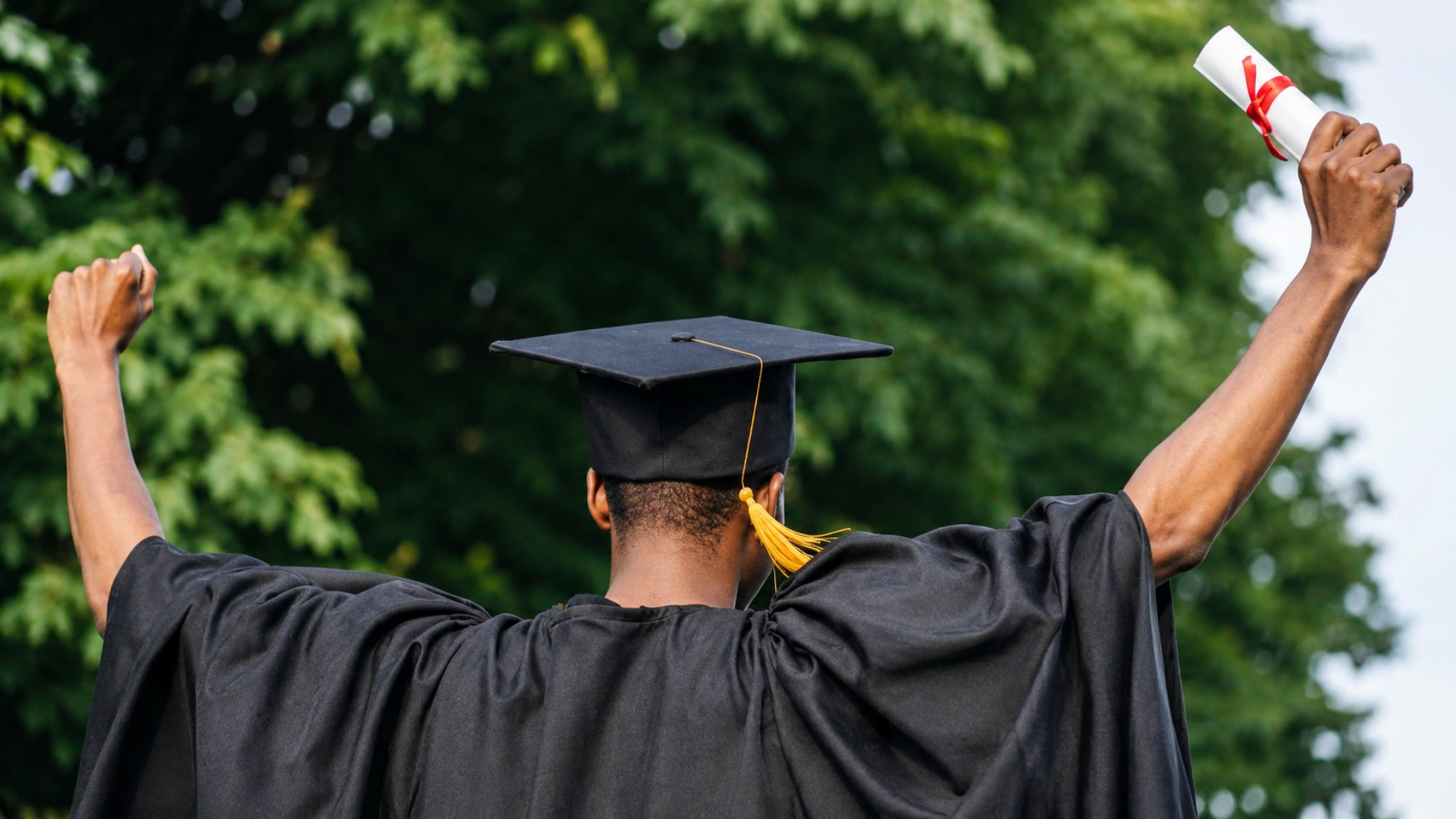 Rear view of a graduate wearing a cap and gown raising hands holding a diploma in celebration.