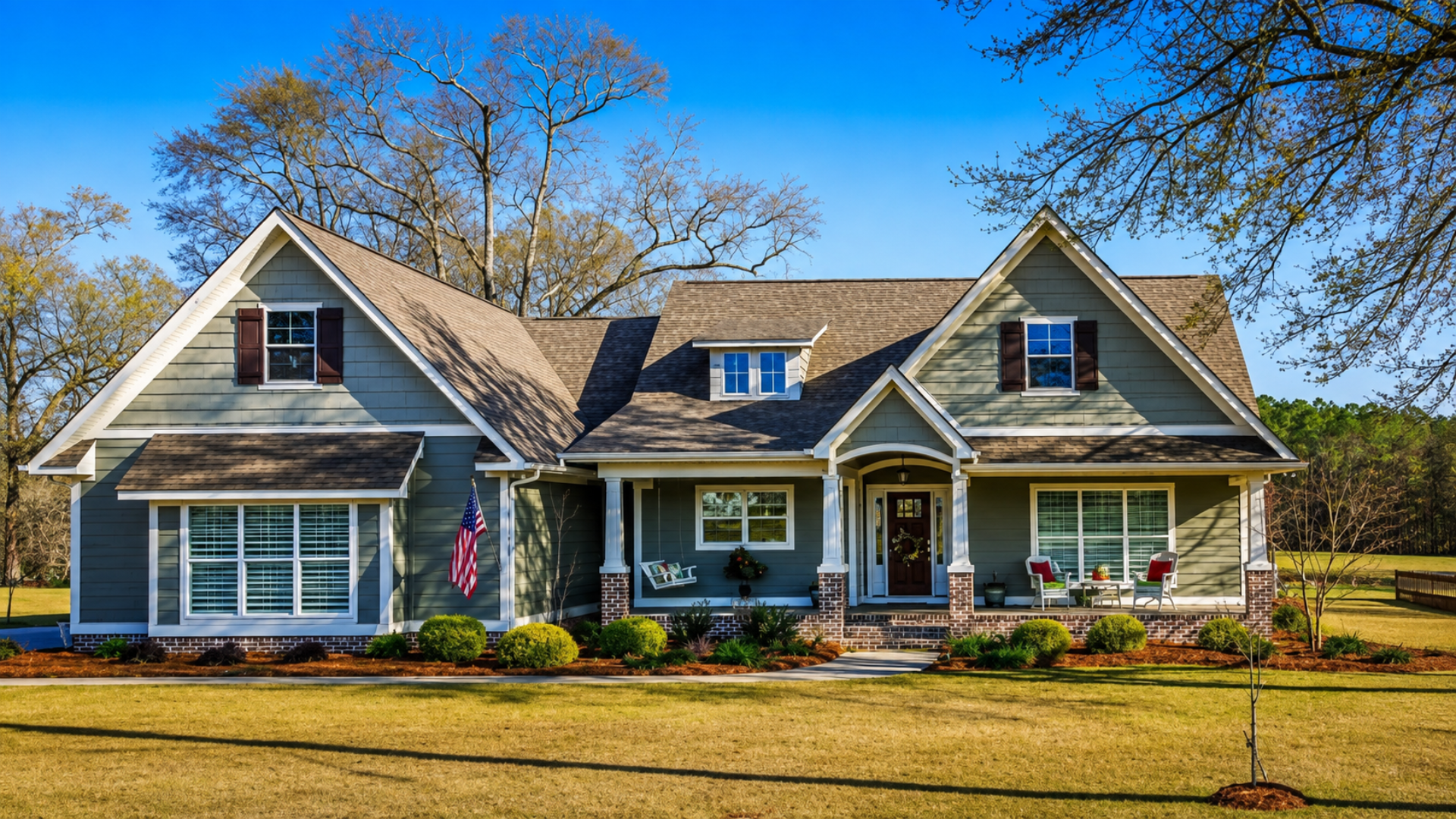 A suburban single-family home with green siding and a front porch in Georgia.