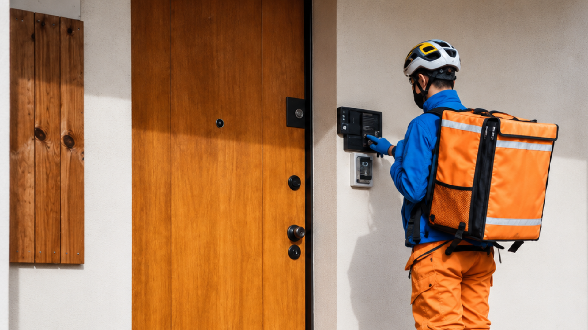 Delivery cyclist with an insulated backpack using an intercom at a home's front door.