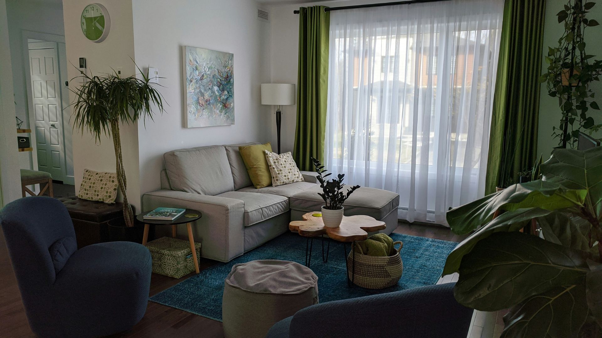 Living room with gray sofa, blue chairs, houseplants, and green curtains.