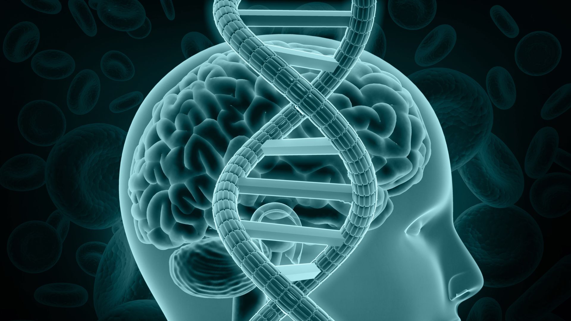 Medical illustration of a human brain and DNA double helix.