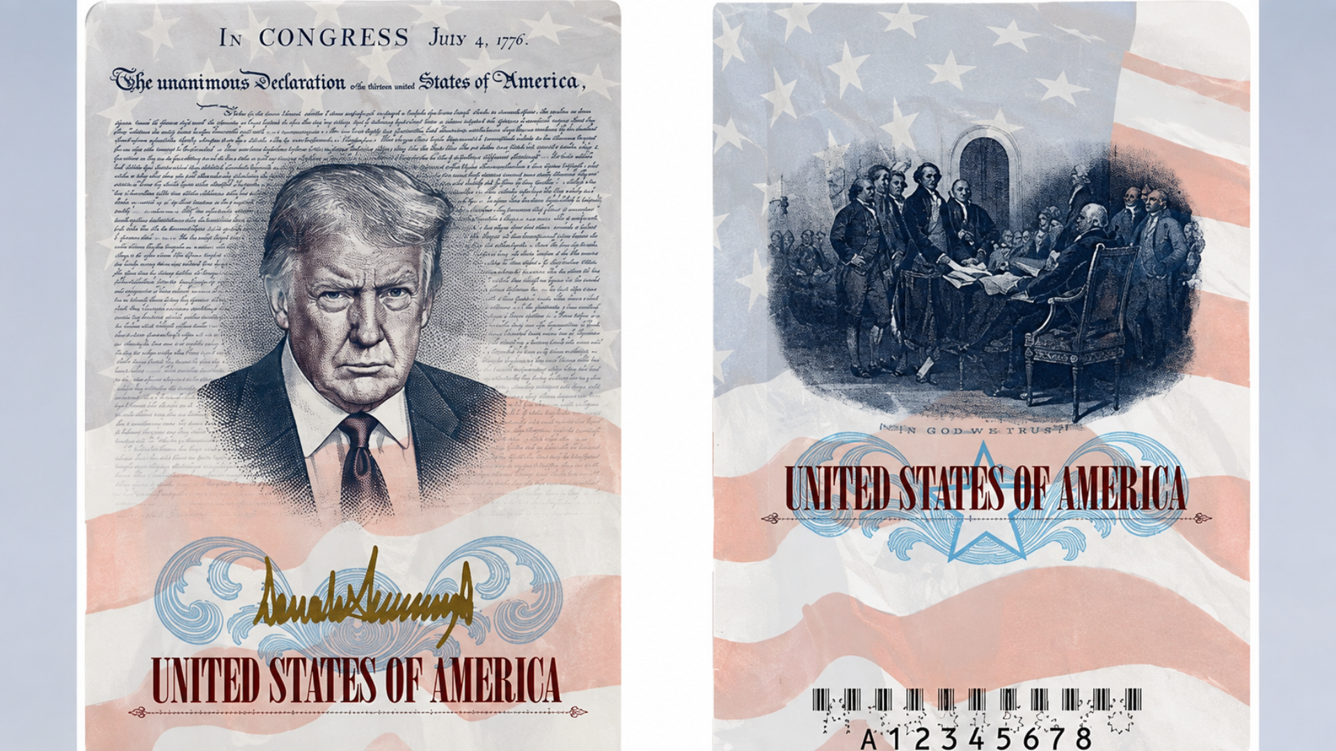 Front and back design concept for a United States passport featuring an illustration of President Donald Trump.