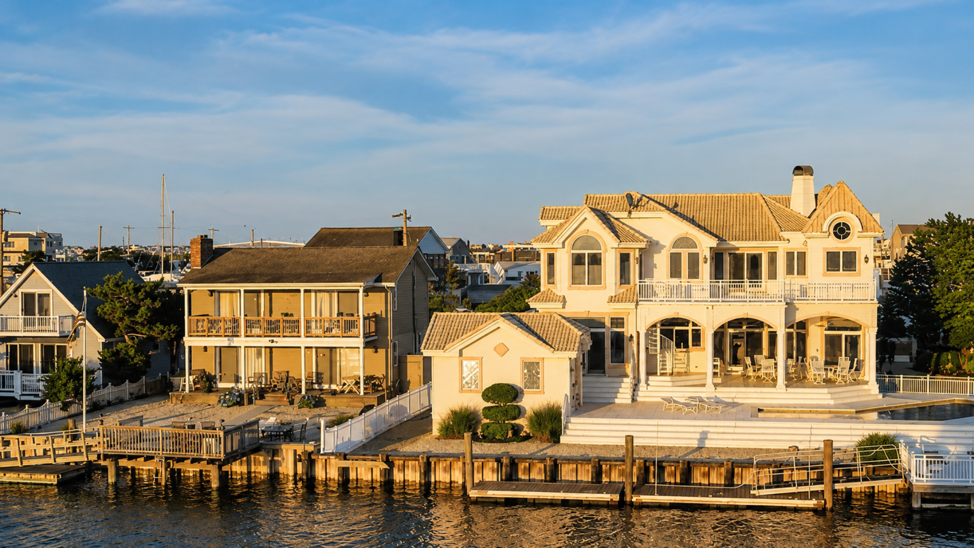 Waterfront homes with private docks along a residential New Jersey shoreline.