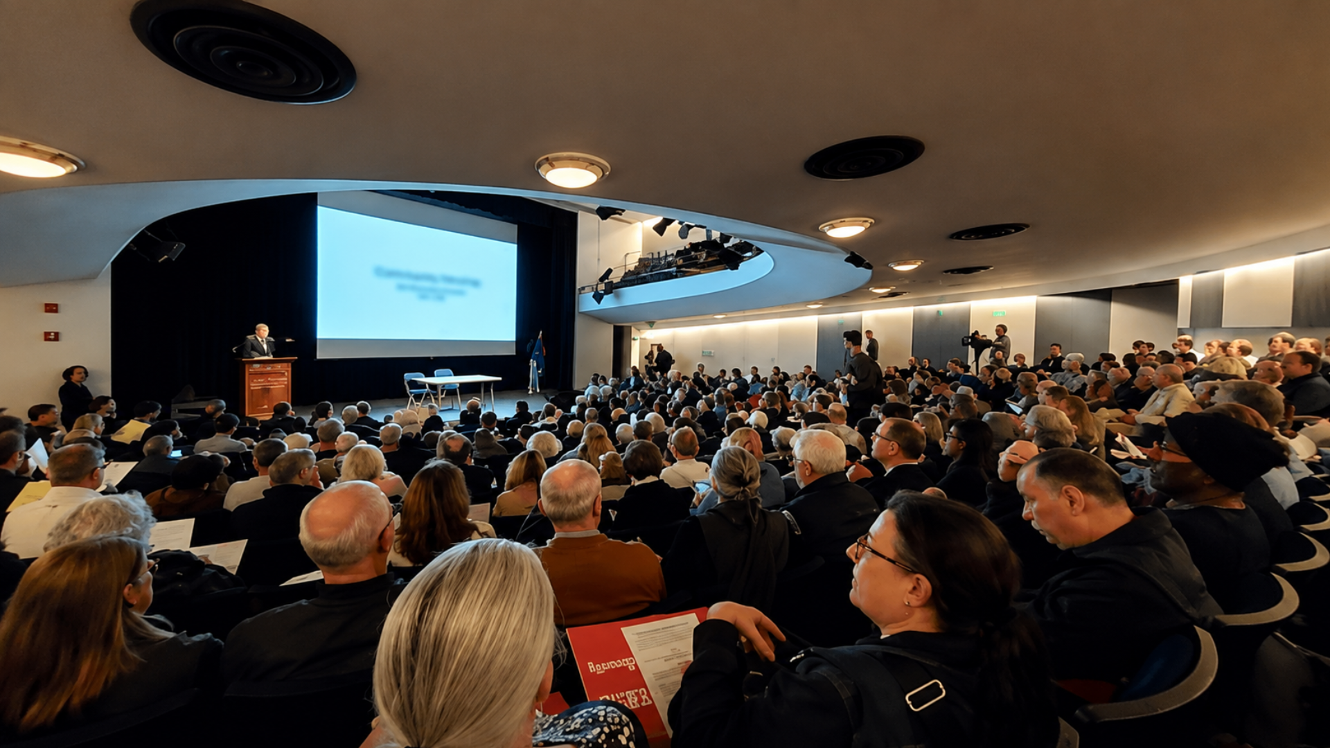 A large crowd attending a homeowner association community meeting in an auditorium.