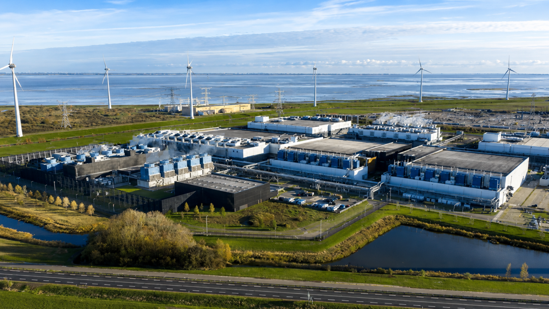 Aerial view of a large tech data center complex located near wind turbines along a coastline.