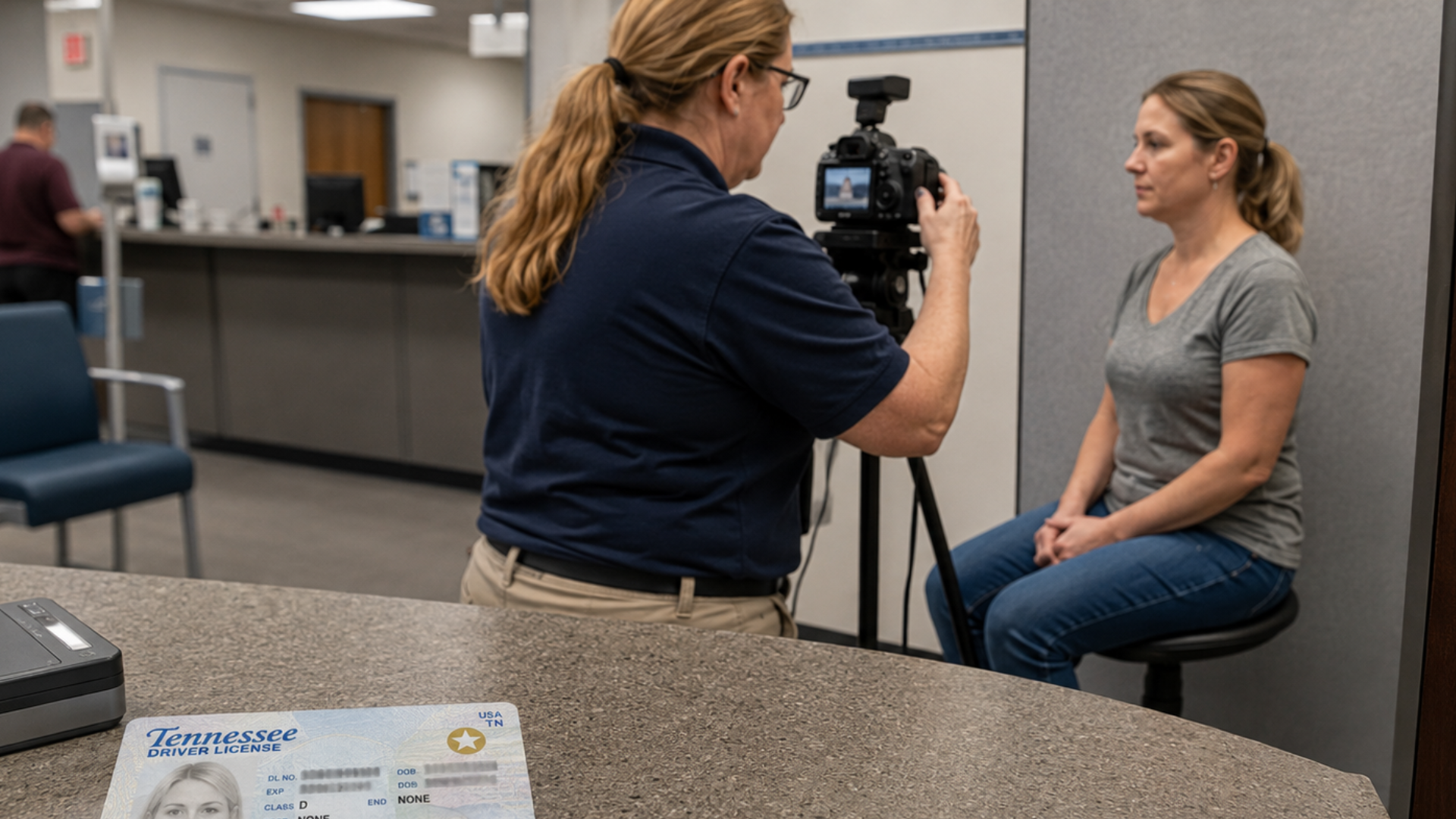 A worker taking a photo of a woman for a driver's license at a DMV office with a Tennessee license on the counter.