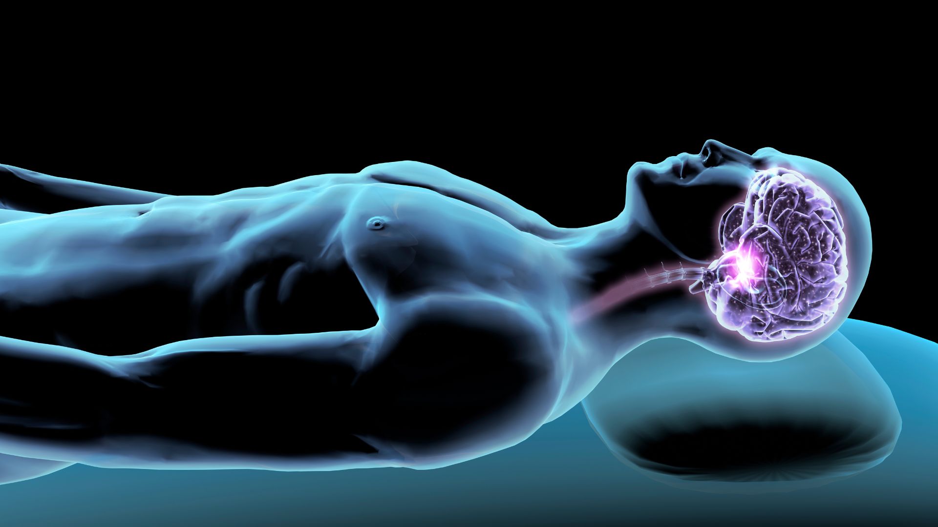 Medical illustration showing brain activity in a person lying asleep.