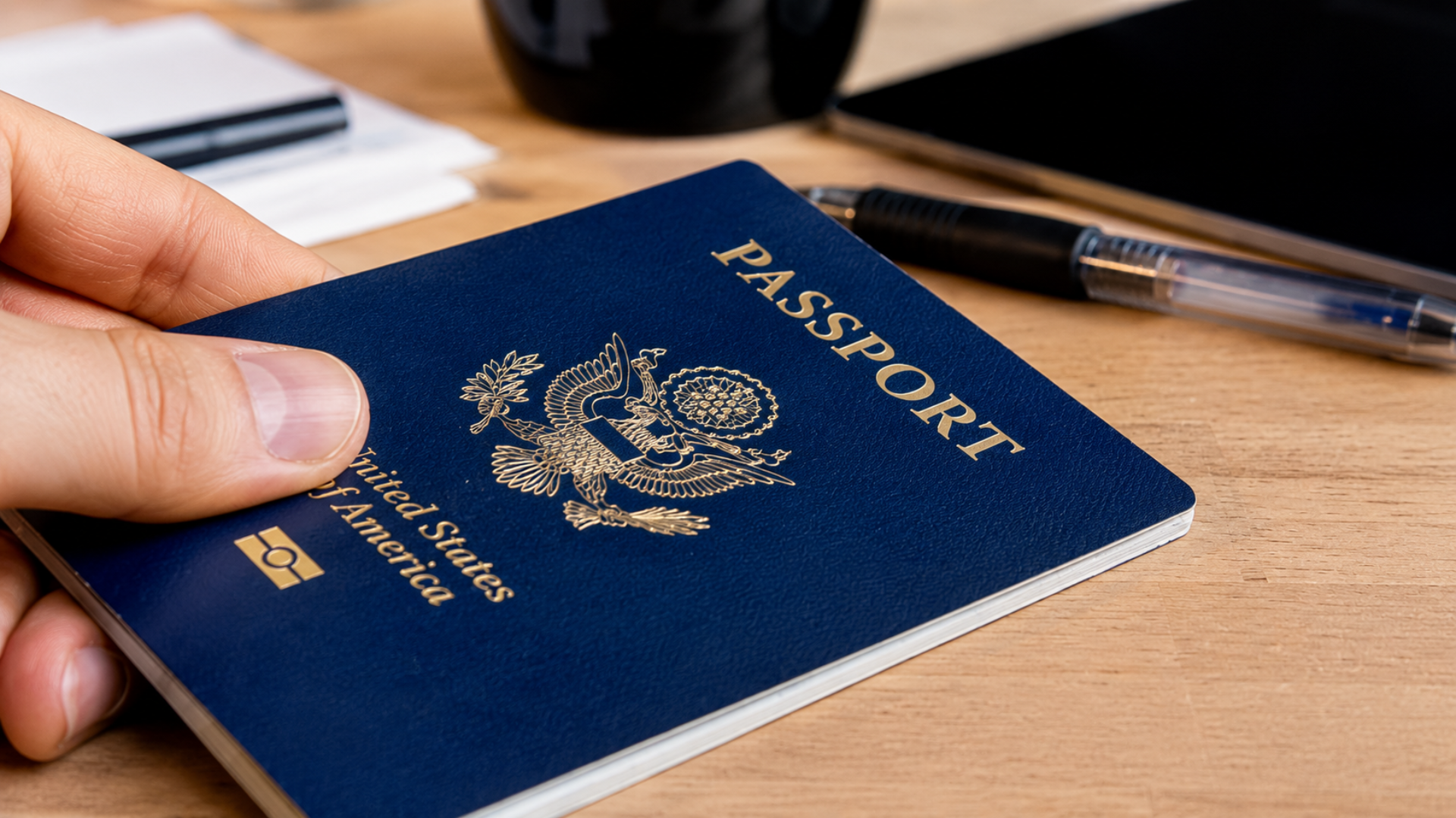 Hand holding a United States passport on a desk beside a pen and tablet.
