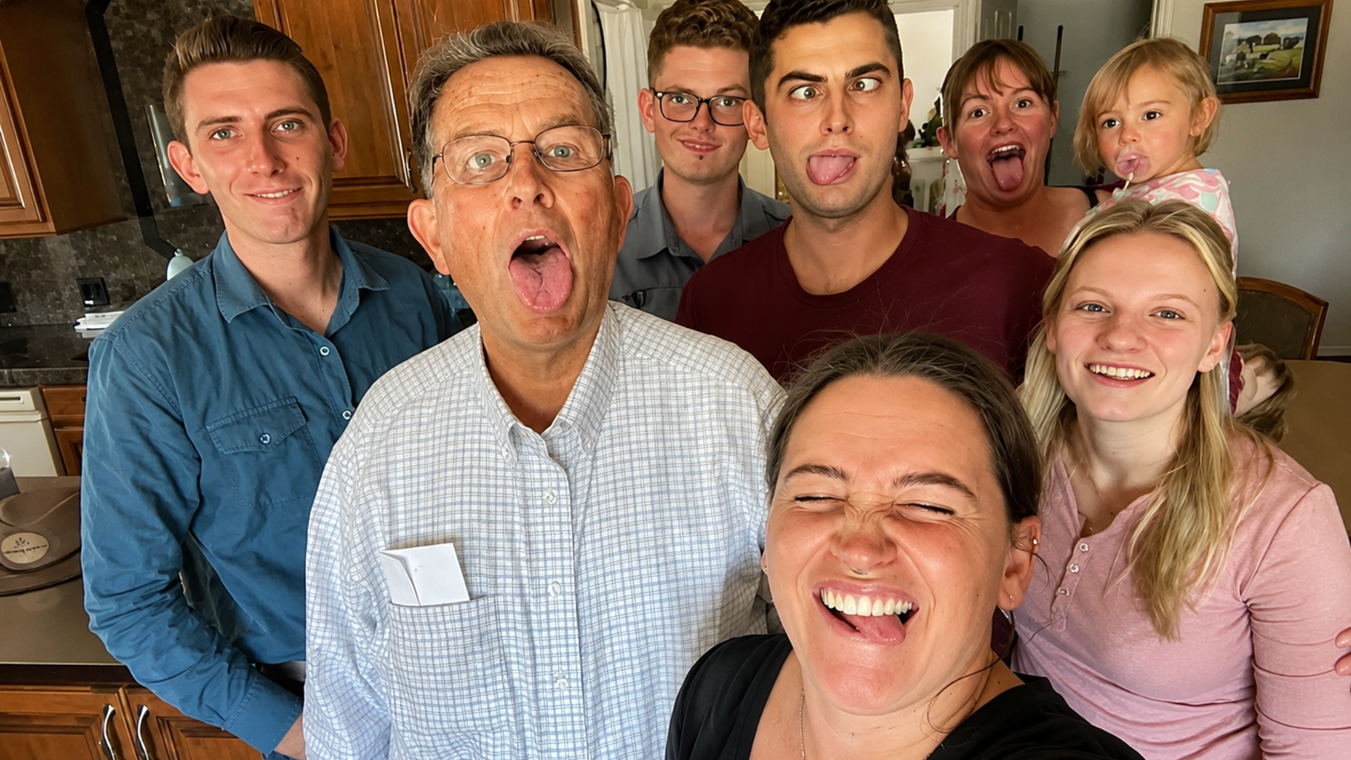 Family group crowds together for a playful selfie in a kitchen with several adults and a young child sticking out their tongues or making silly faces. Others smile at the camera while one woman laughs with her eyes closed in the foreground.