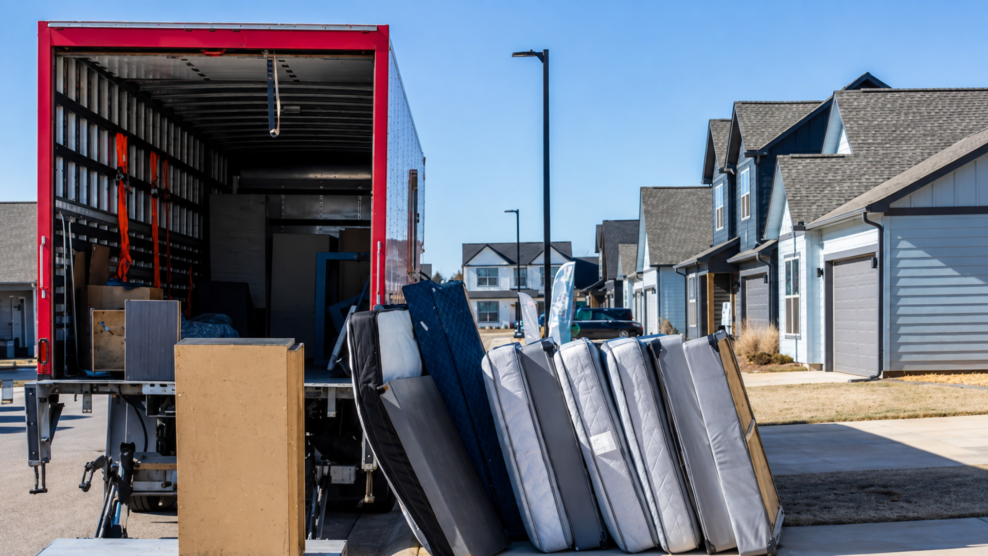 Moving truck with mattresses and furniture unloaded outside suburban homes.