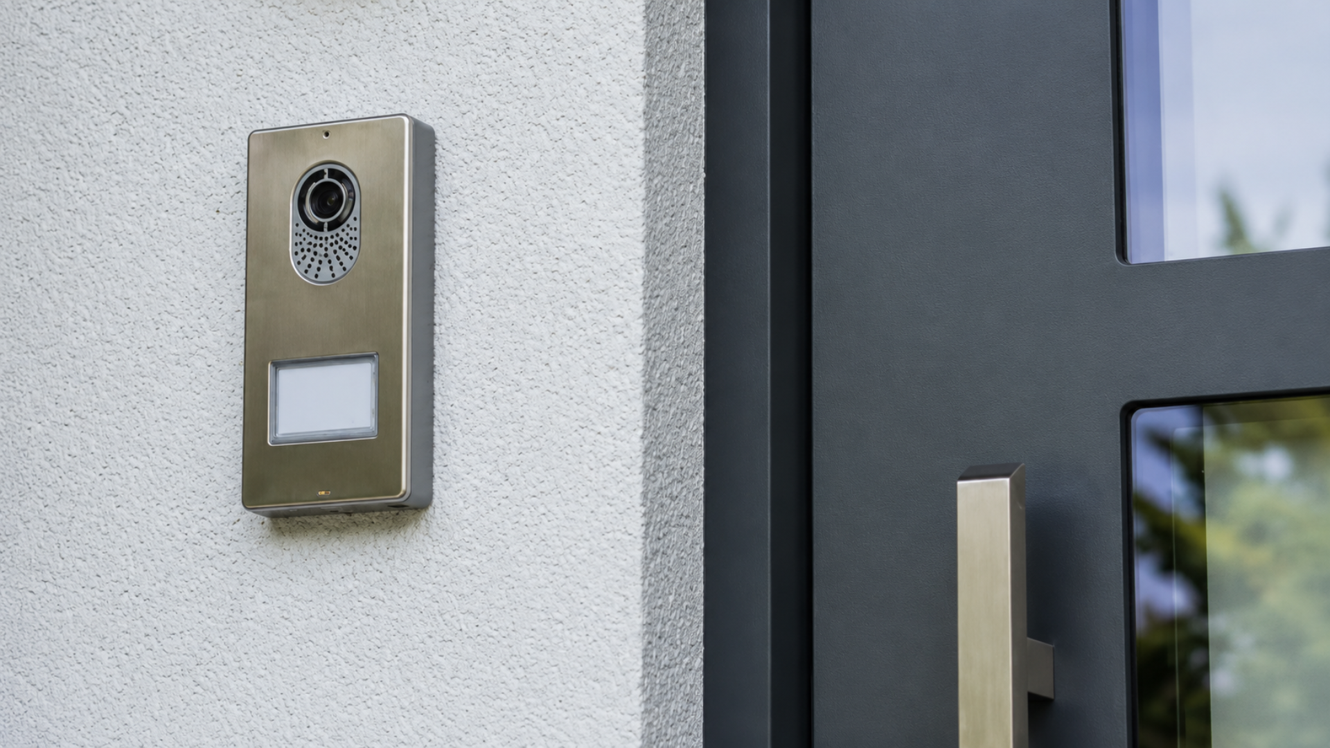 Video doorbell and intercom mounted beside a home's front door.