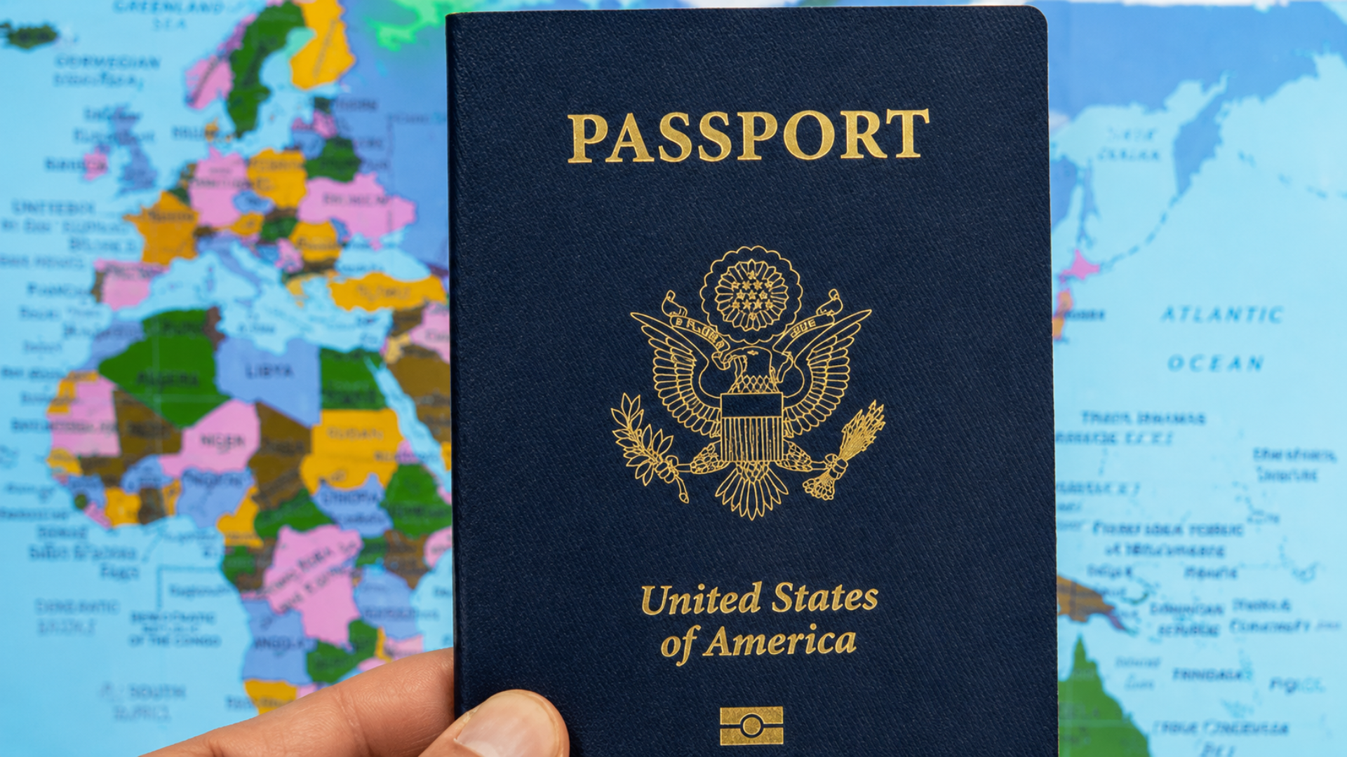 U.S. passport resting on a travel map beside an open itinerary planner and pen.