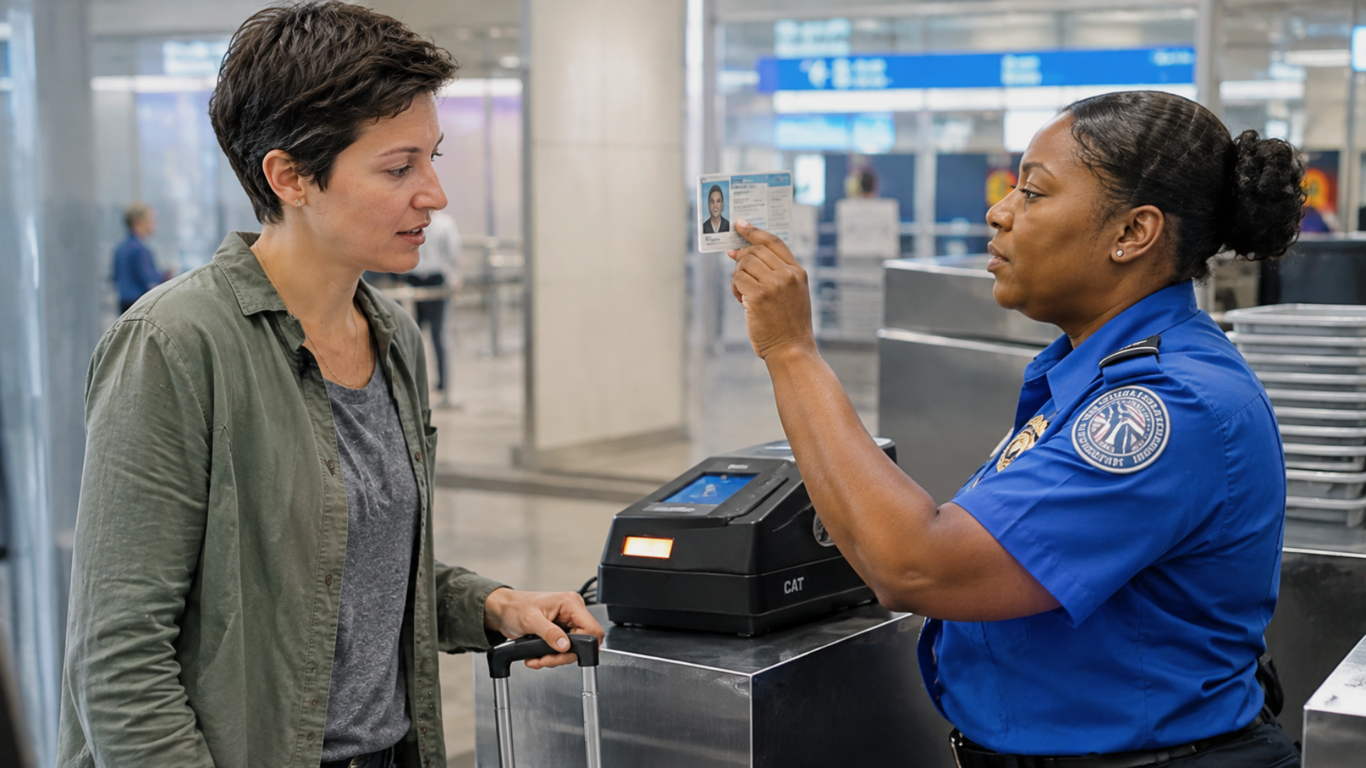 A TSA officer examining a traveler's identification card at an airport security checkpoint.