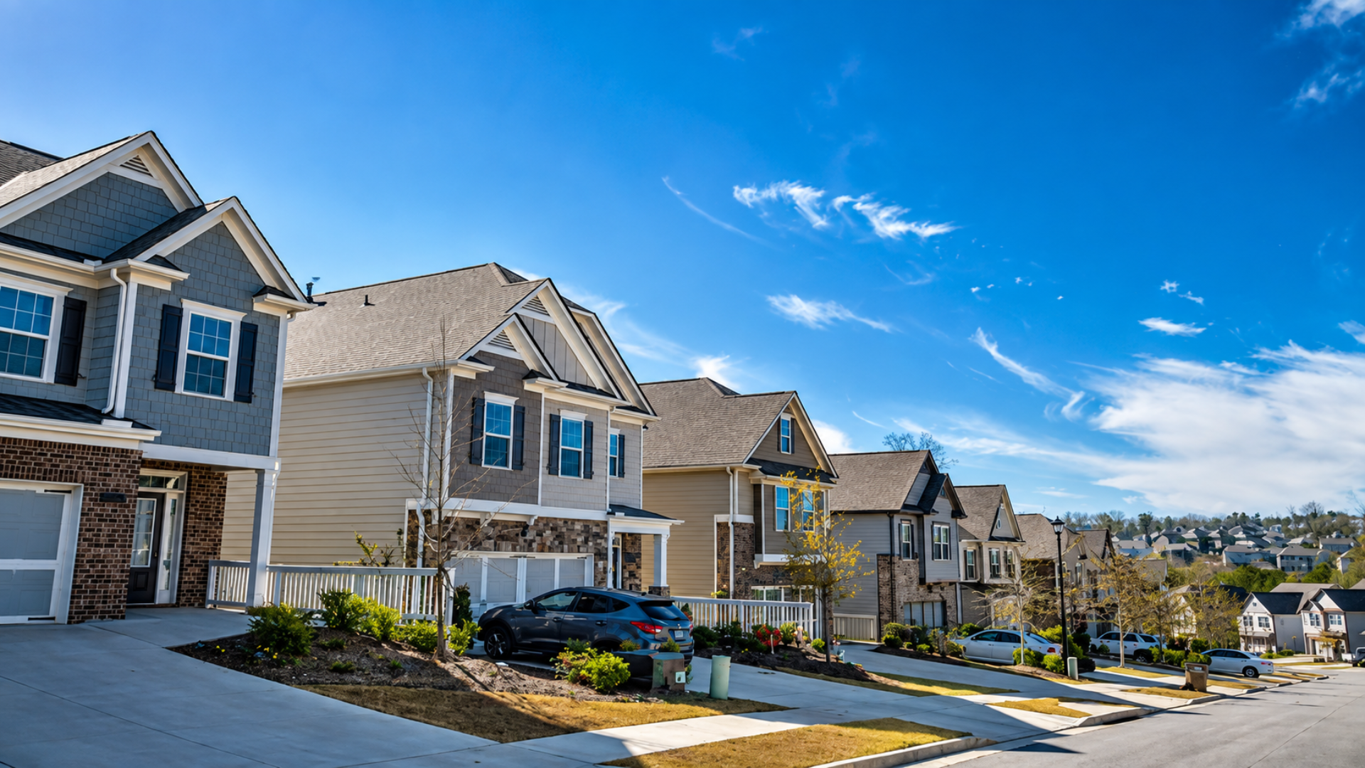 Row of modern two-story suburban houses under a bright blue sky.
