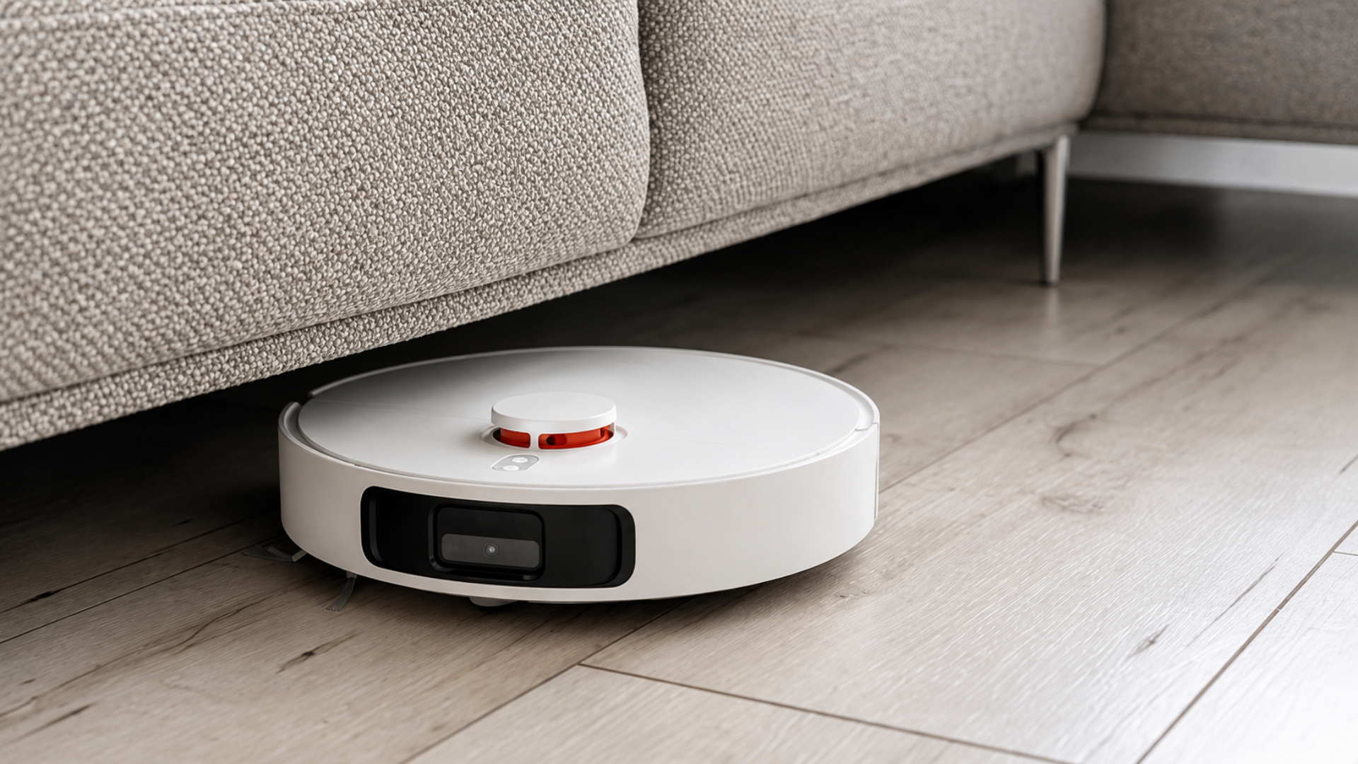Robot vacuum cleaning a hardwood floor while navigating beneath a sofa.