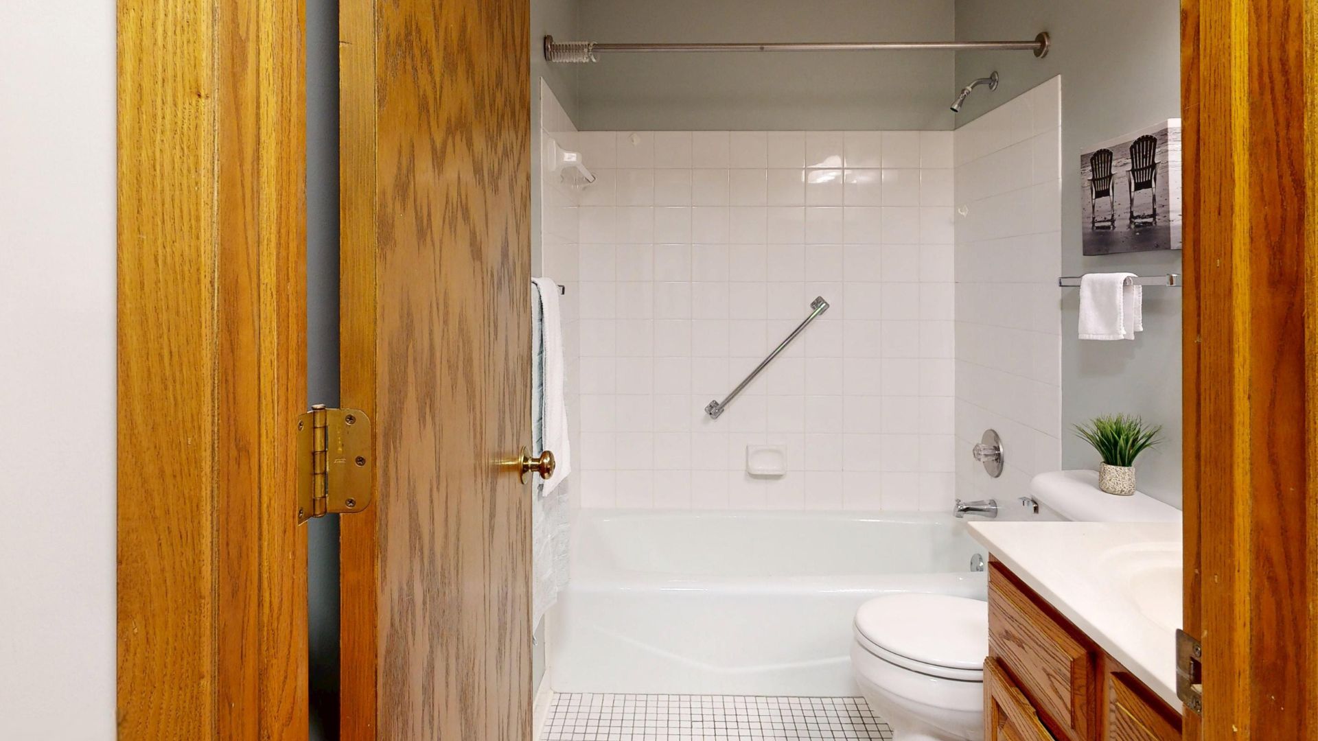 A bathroom with a grab bar installed in the shower.
