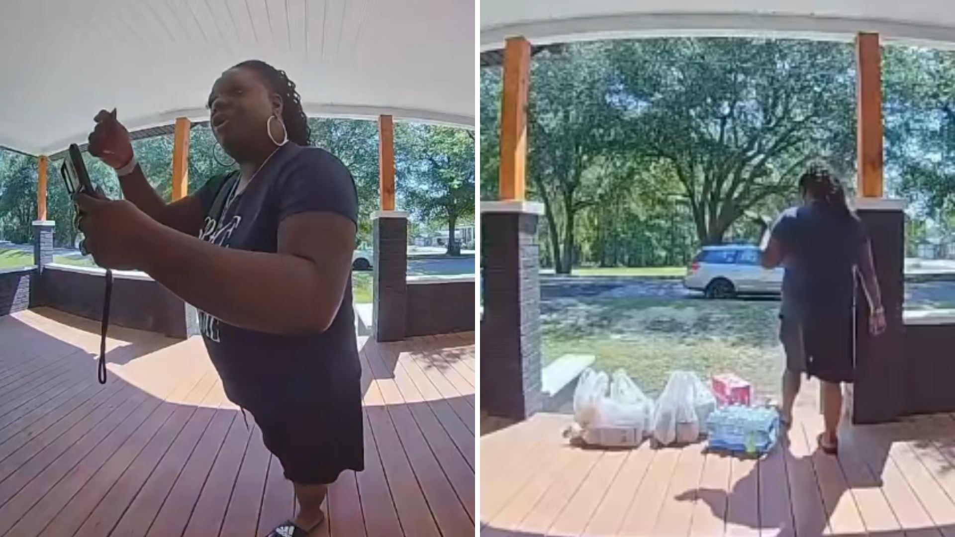 Delivery worker asks for an extra tip at a customer’s doorstep while bags of groceries sit outside in direct sunlight.