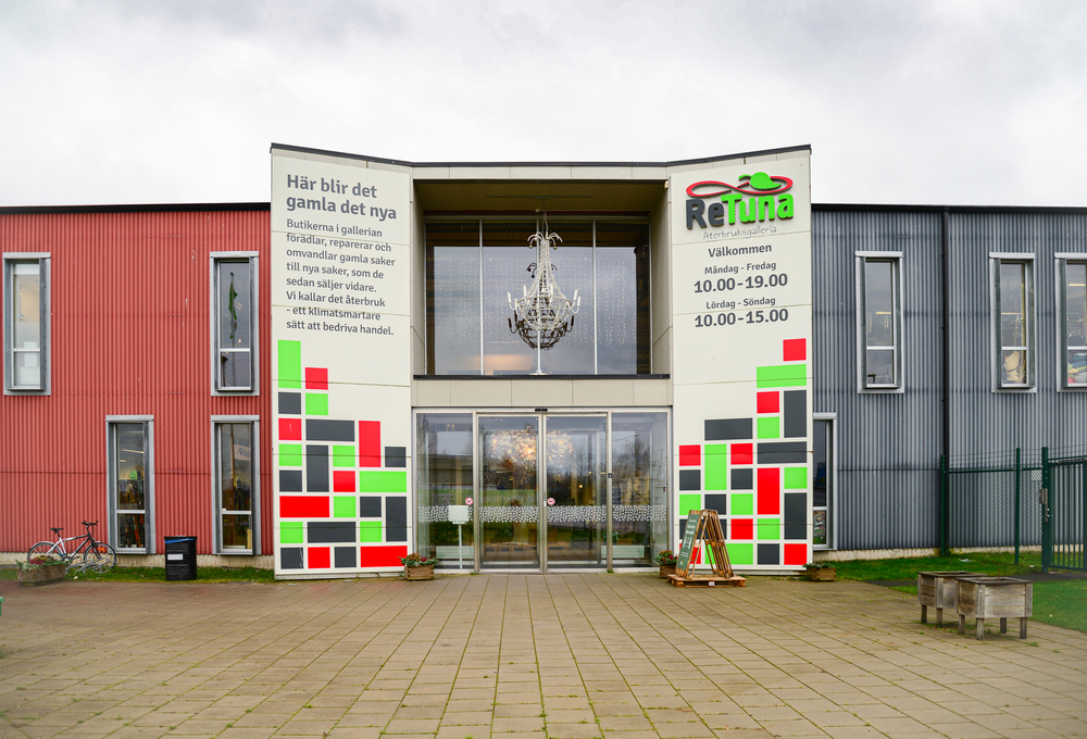 Entrance to the ReTuna secondhand shopping center in Eskilstuna, Sweden.