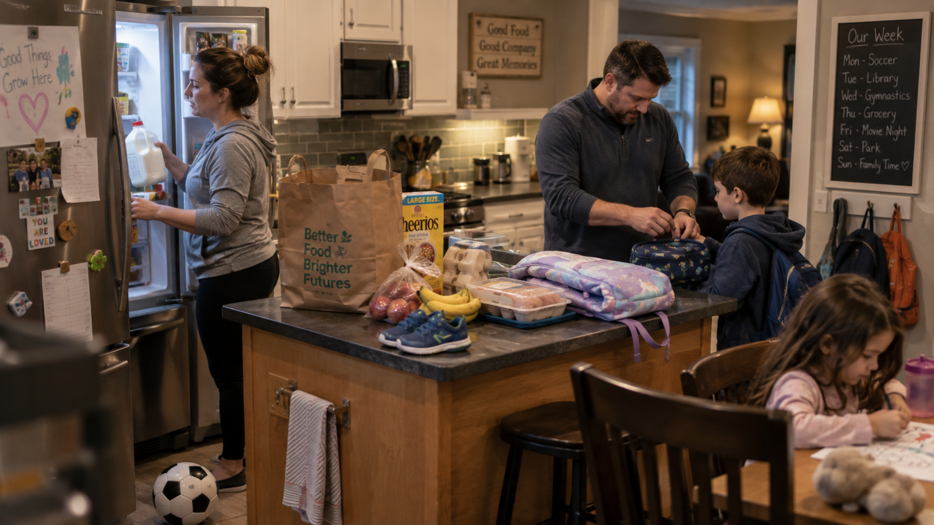 A family in the kitchen preparing food and packing lunchboxes before school.