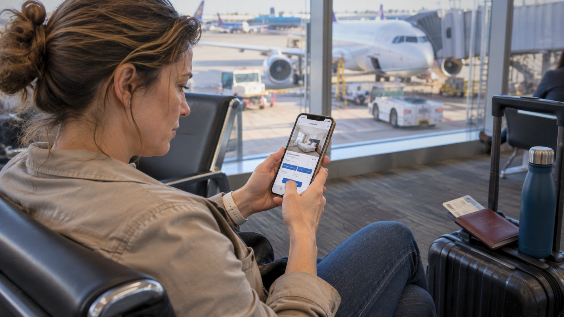 A woman sitting in an airport terminal using her smartphone to book a hotel room near the window.