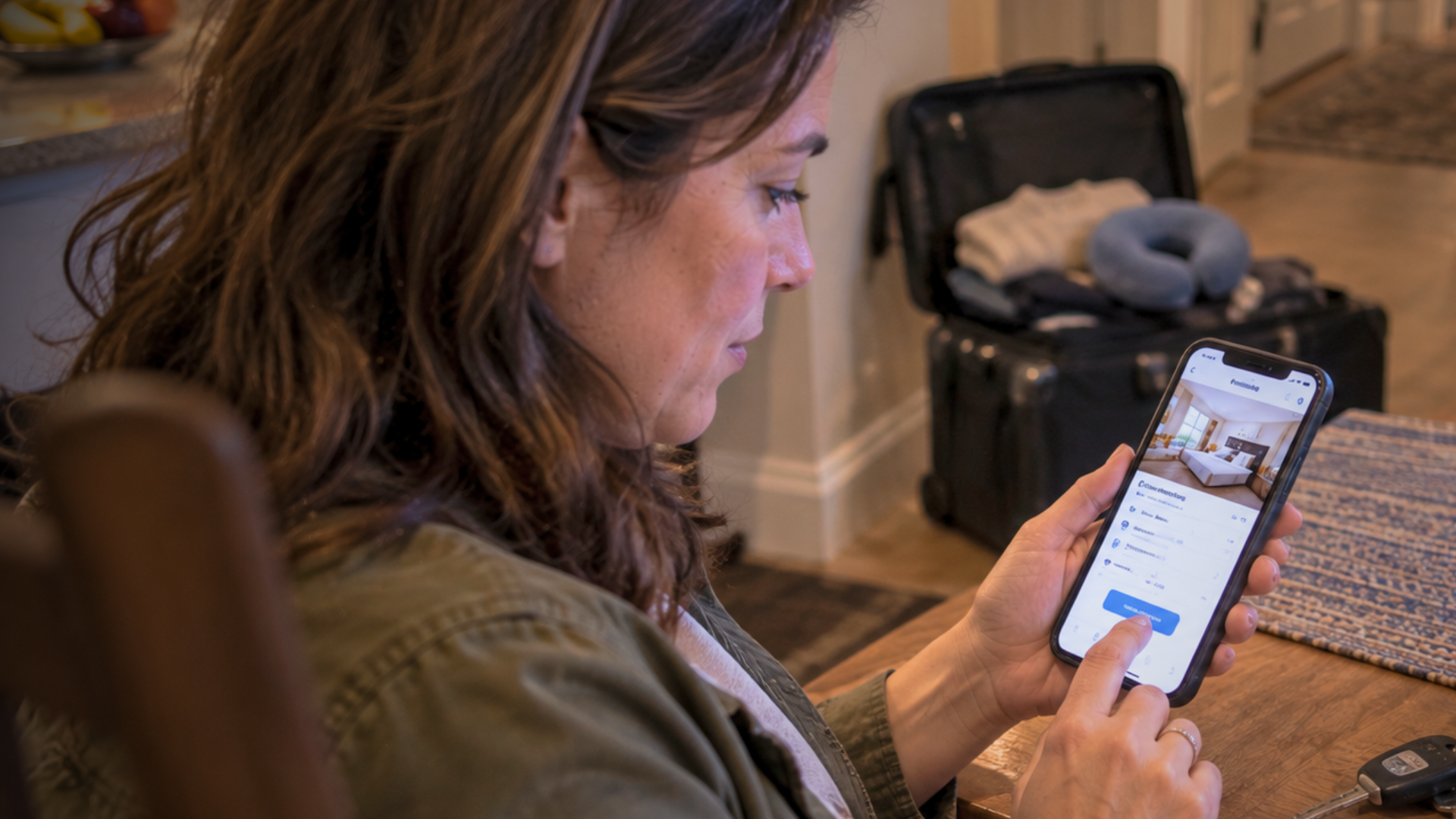 A woman using her smartphone to book a hotel room while packing a luggage bag at home.