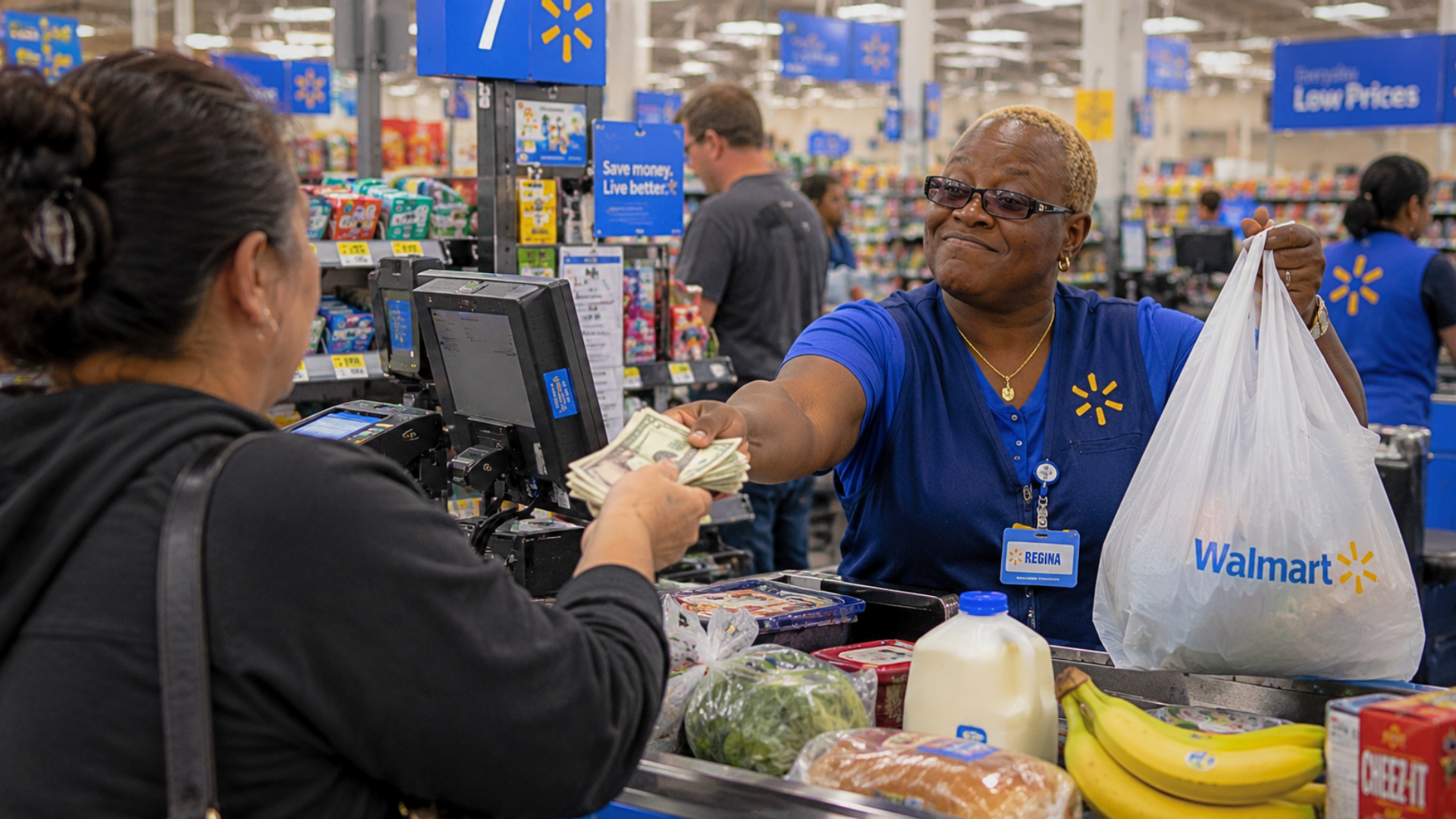 A smiling Walmart cashier hands a plastic shopping bag to a customer handing over cash at a checkout counter.