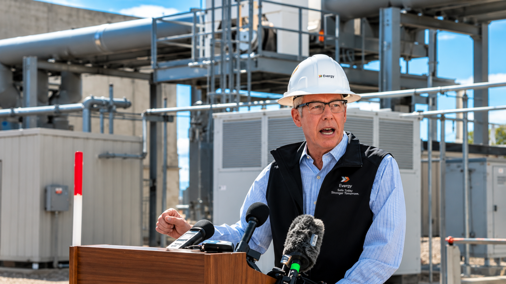 Man in a hard hat speaking into microphones at an industrial press conference.