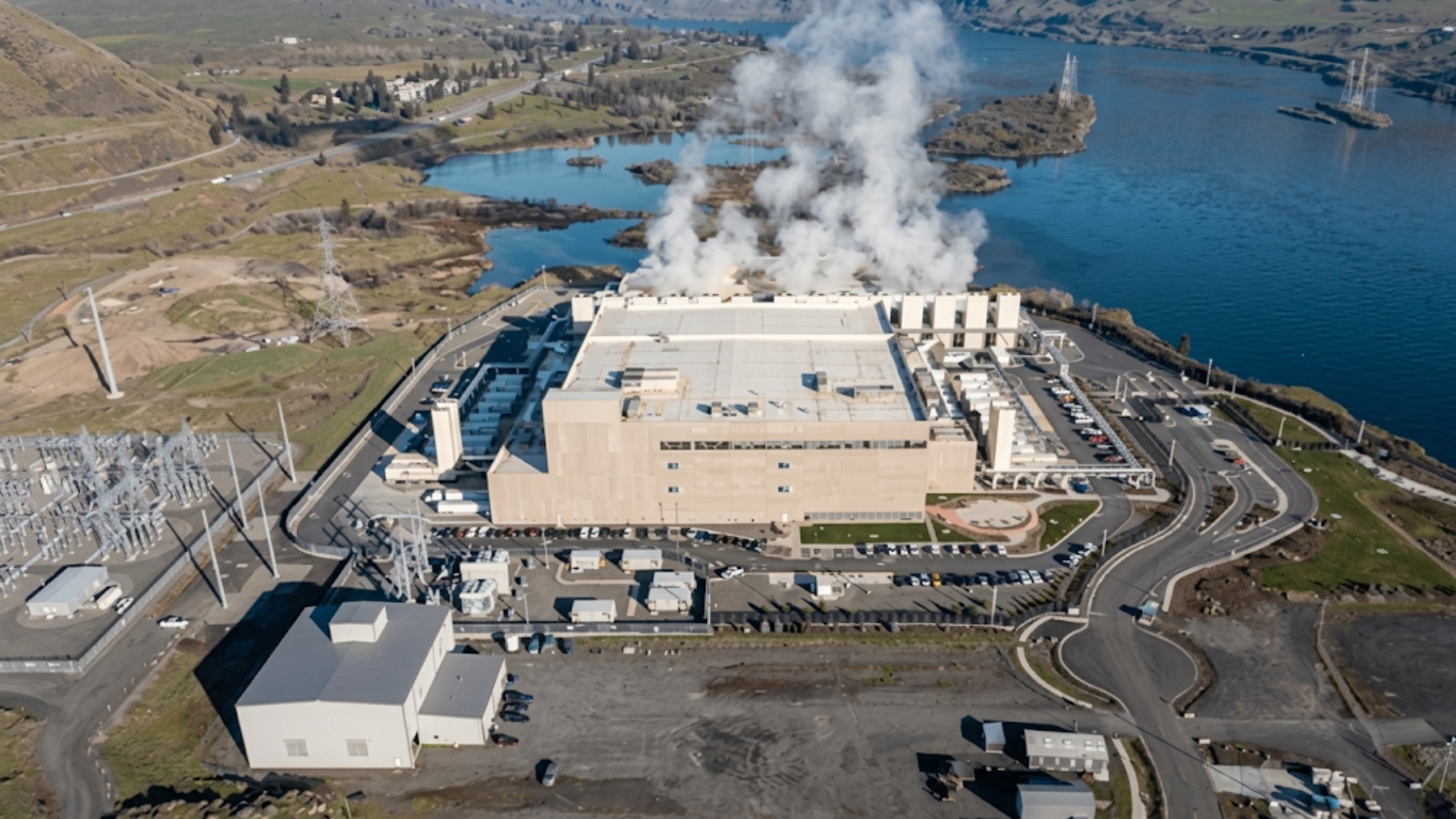 Aerial view of a large data center beside a lake, with steam rising from its cooling systems and nearby power infrastructure.