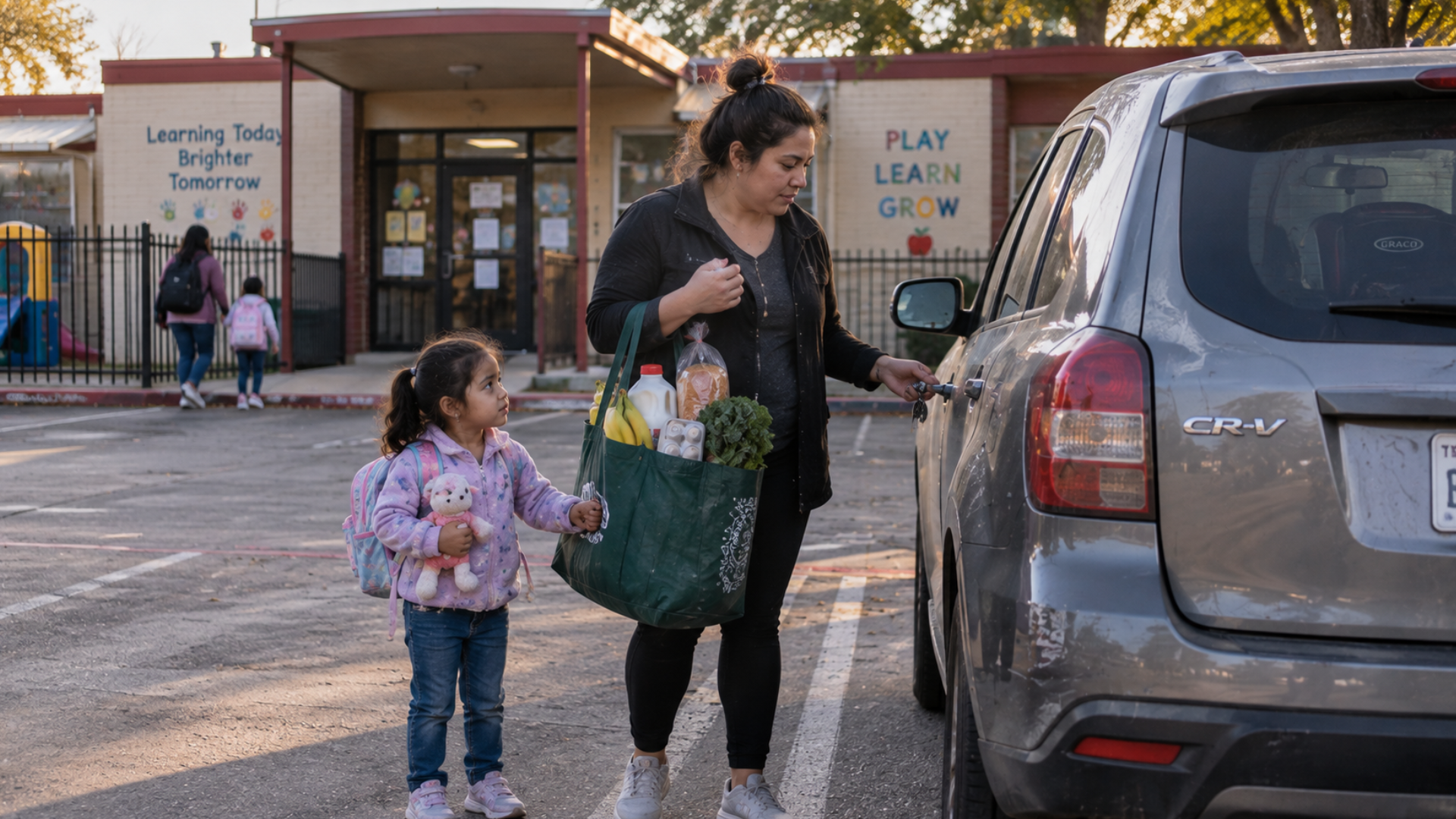 A mother carrying a grocery bag while opening her car door with her young daughter outside a school.