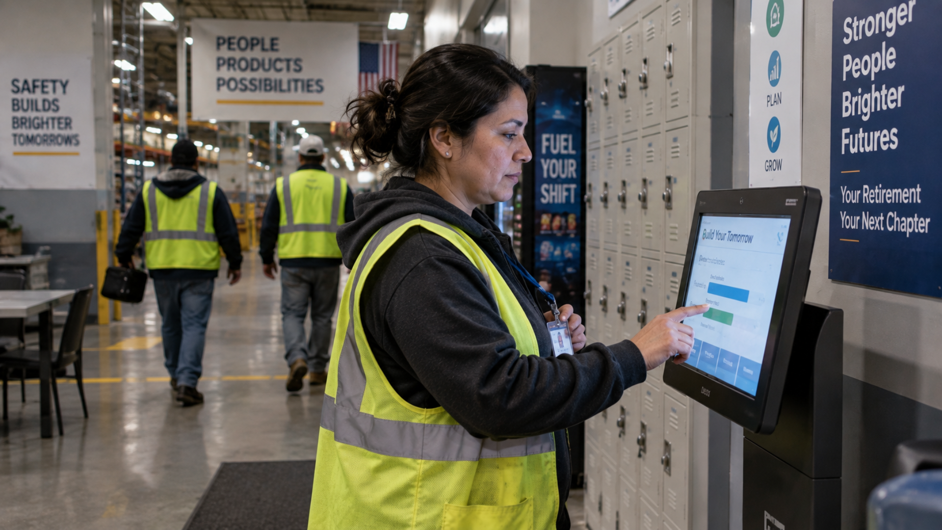 A logistics employee in a safety vest using a digital touchscreen kiosk inside a warehouse facility.