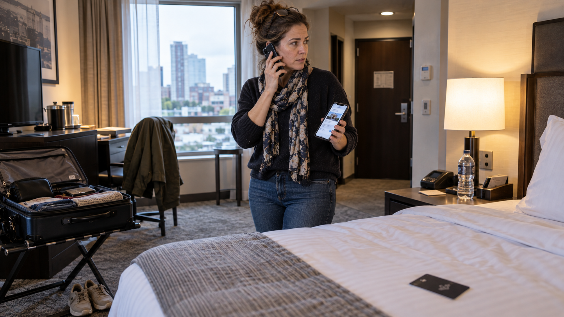 A woman holding a phone while talking on another smartphone in a hotel room near an open suitcase.