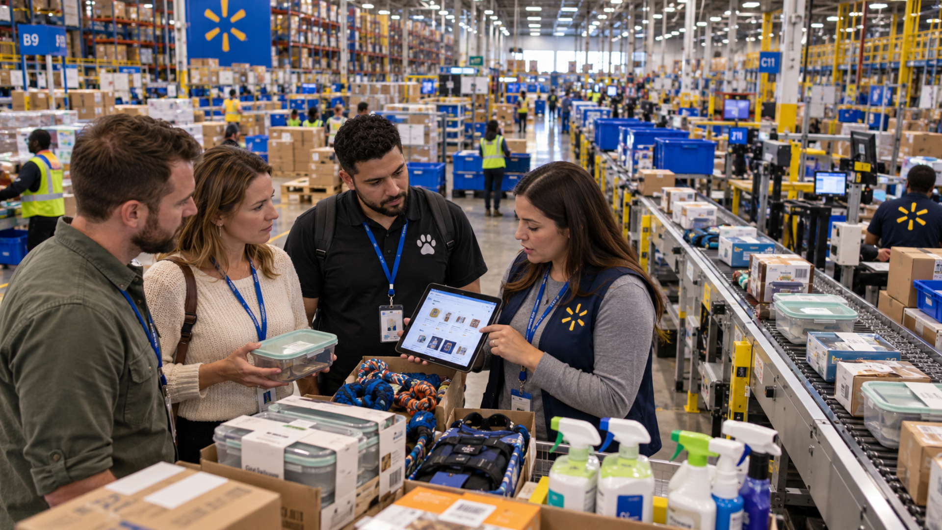 Four people, including a Walmart worker, gather around a tablet showing an app in a large warehouse fulfillment center.