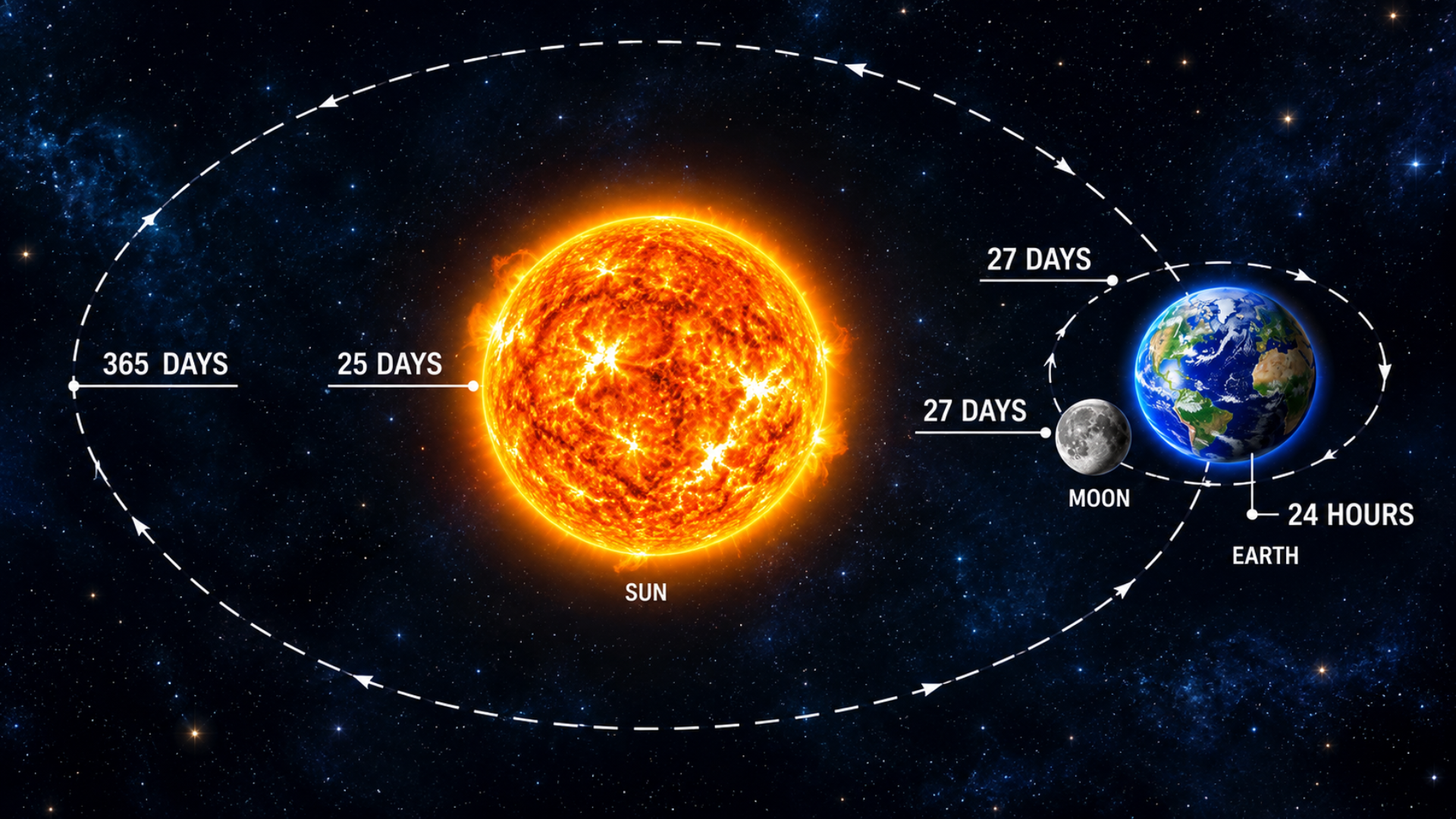 Diagram showing orbital and rotation periods for the Sun, Earth, and Moon in space.