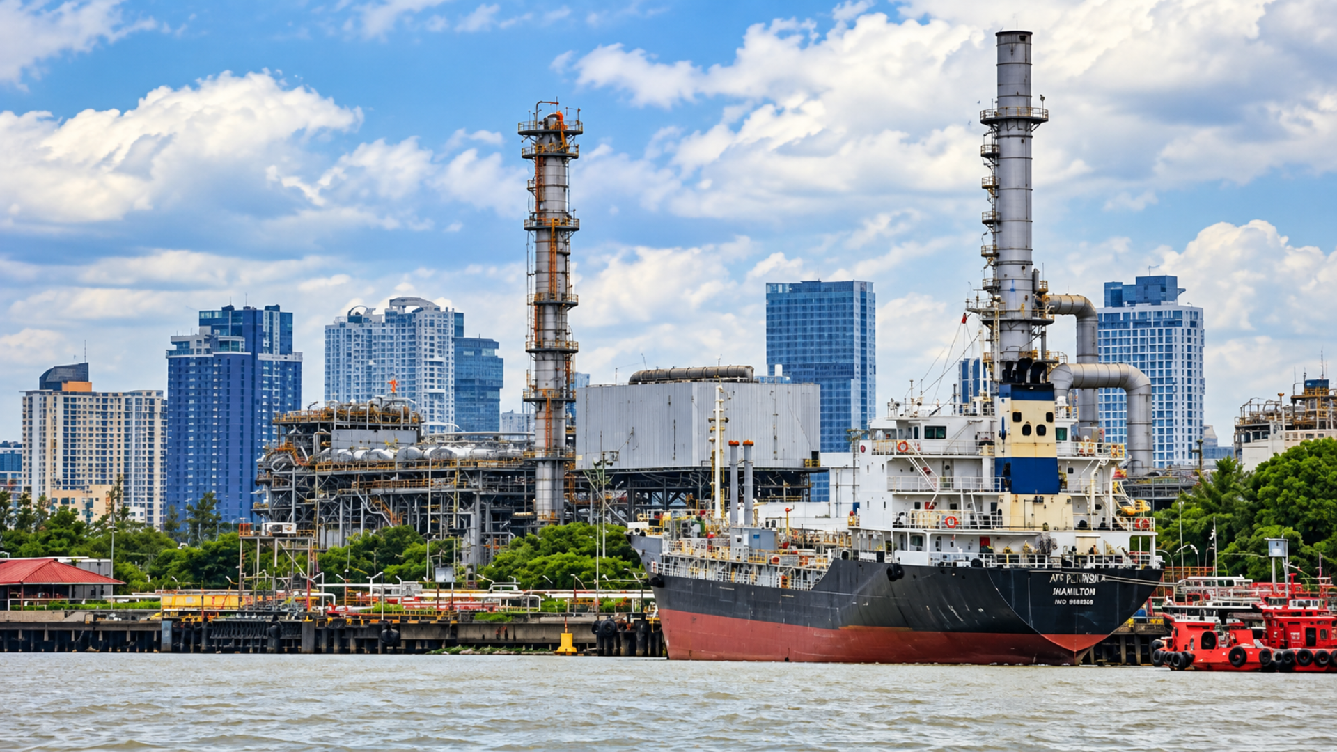 Cargo ship docked near an industrial chemical plant along a city riverfront.