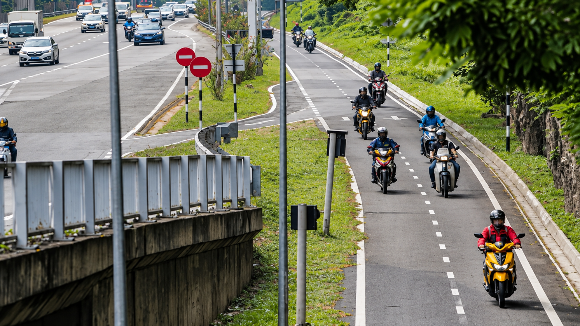 Group of motorcyclists riding down a designated motorcycle lane alongside a multi-lane highway.