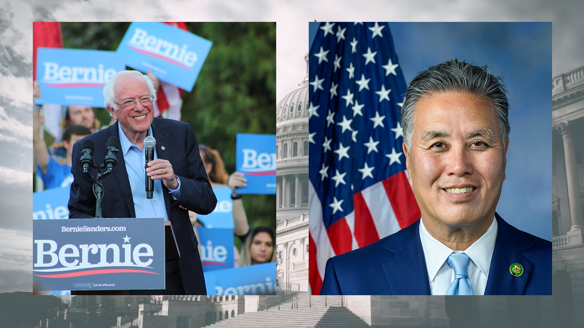 The US Capitol in the background with Senator Bernie Sanders and Rep. Mark Takano.
