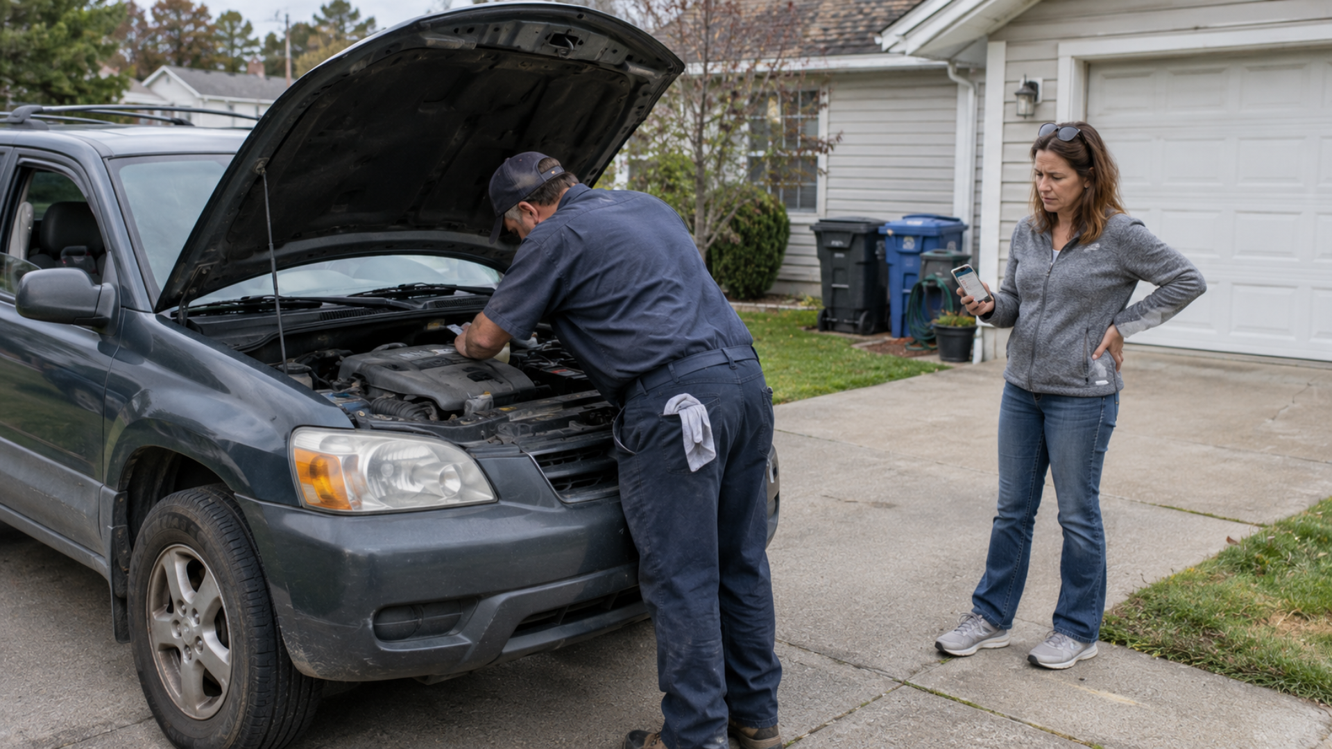 A mechanic inspecting a car engine in a residential driveway while a woman holding a phone watches.