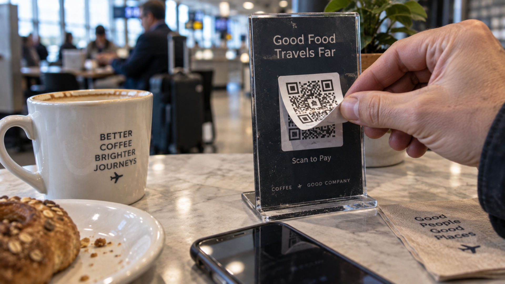 A customer peeling back a fake QR code sticker from a sign at a cafe table next to a coffee cup.