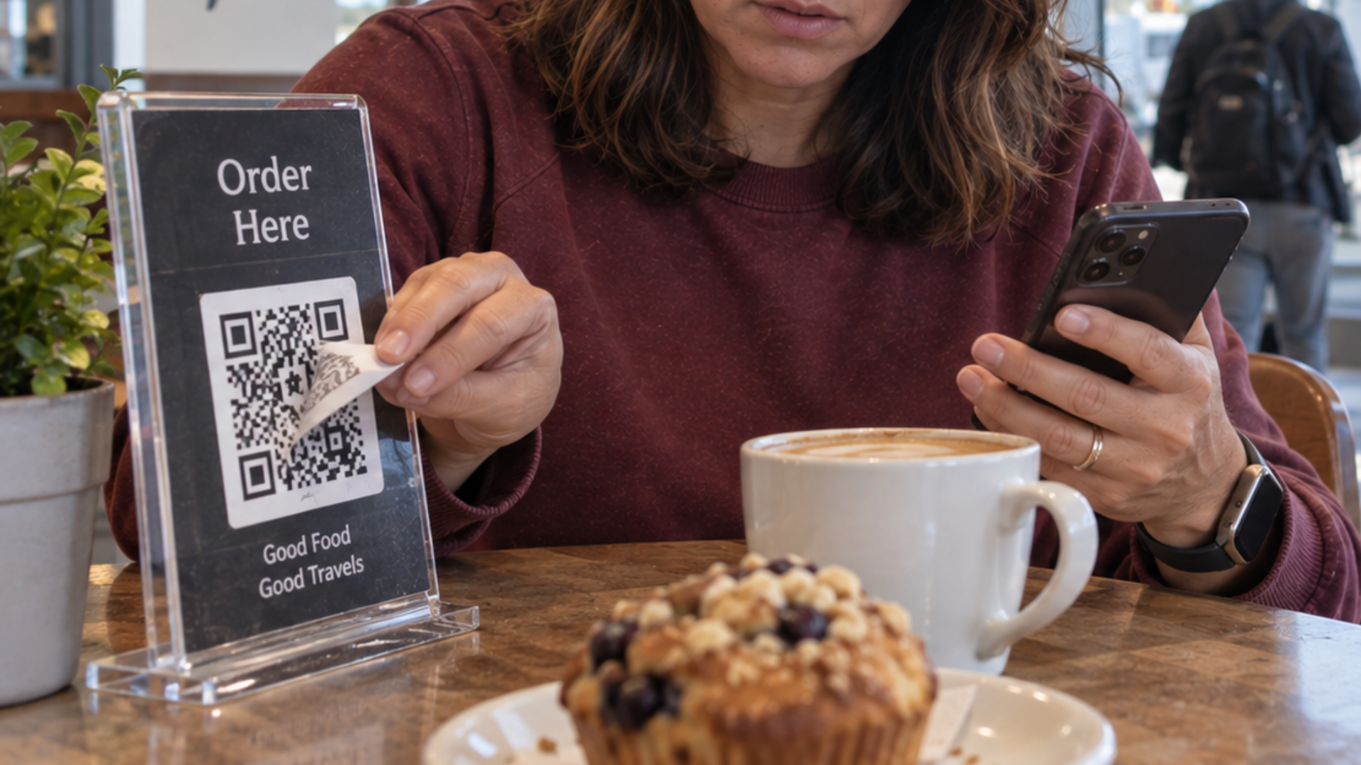 A customer peeling back a fraudulent QR code sticker on a table sign at a cafe.