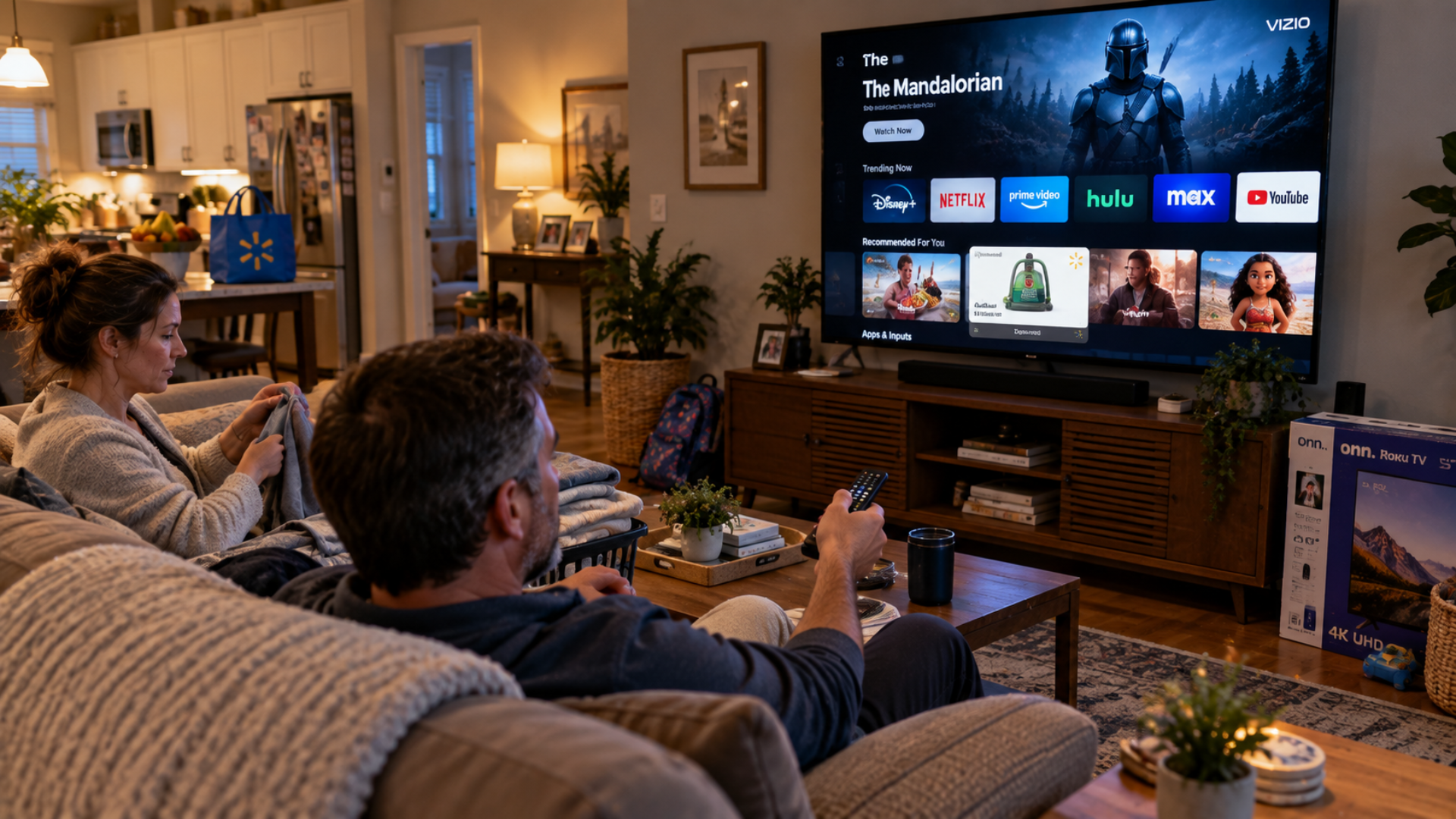 A man sits on a couch using a remote to navigate a television screen while a woman beside him folds laundry in a living room.