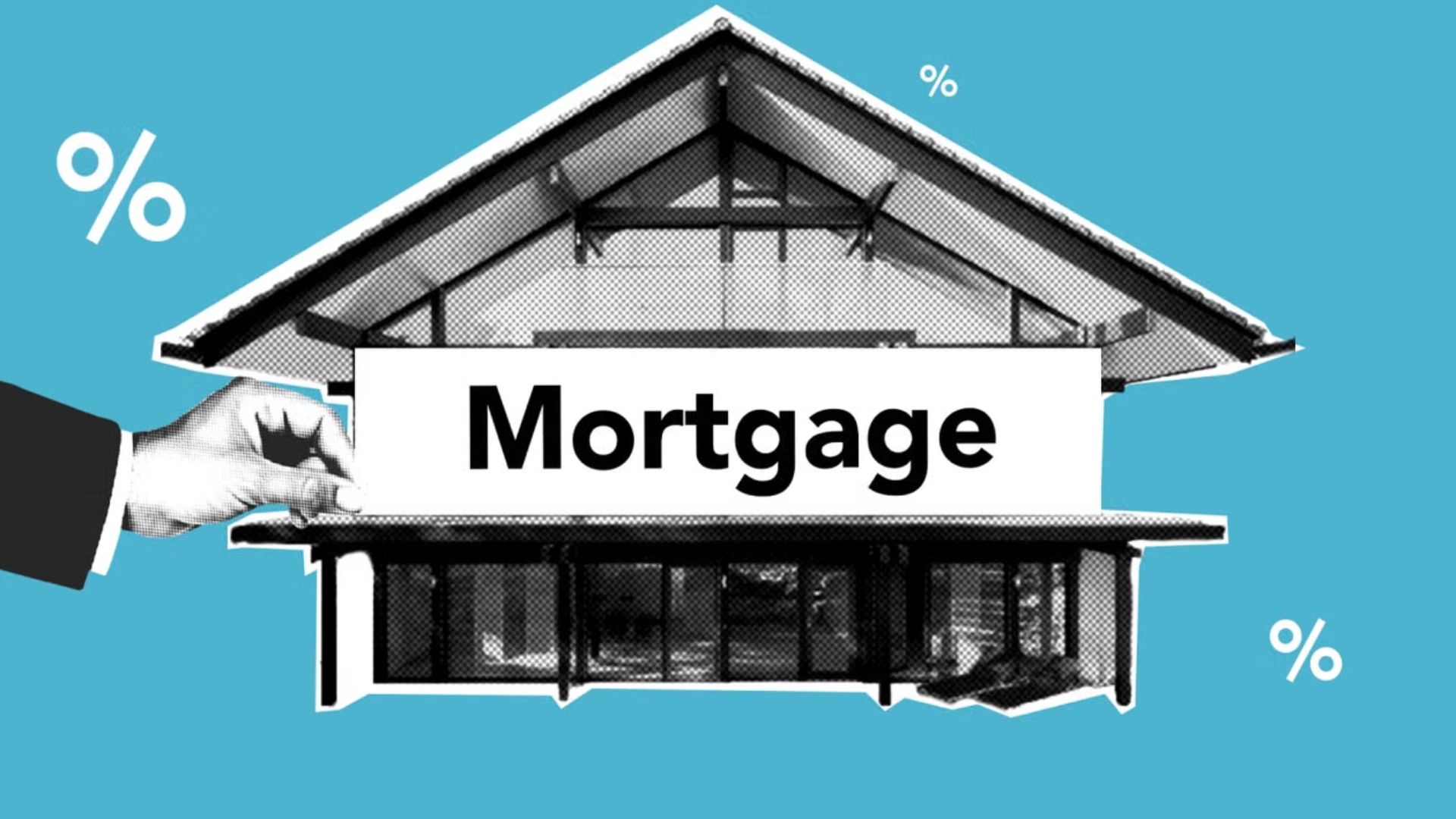 Mortgage concept graphic featuring a house, percentage symbols, and the word Mortgage.
