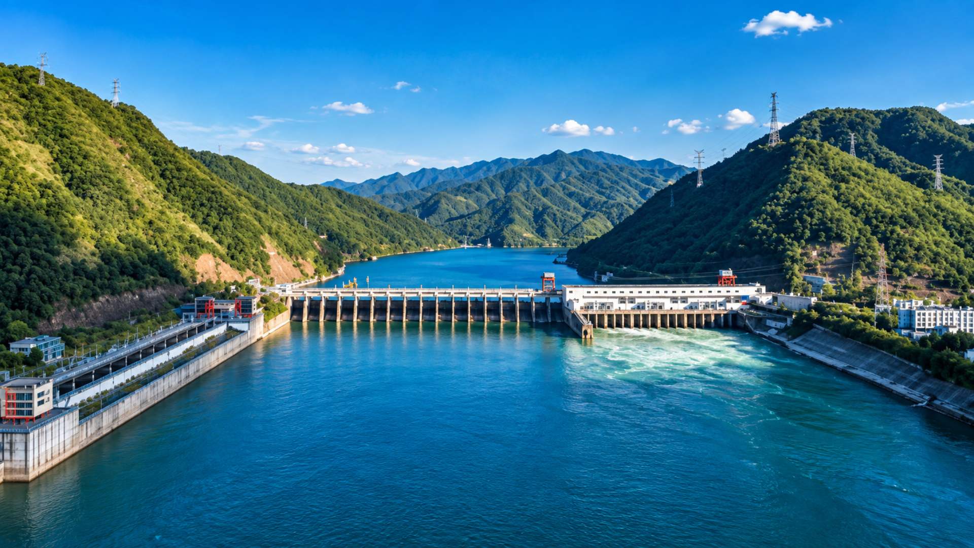 Aerial view of a hydroelectric dam across a river between green mountains.