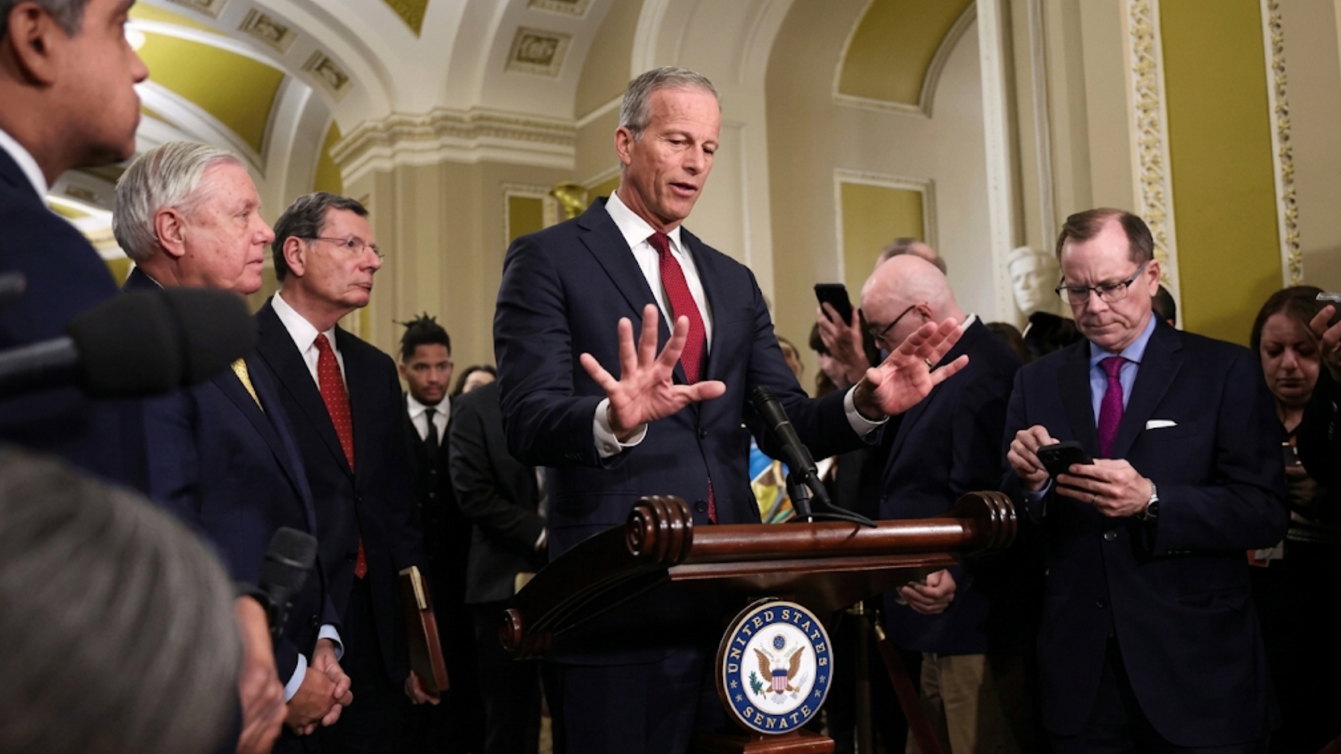 Senate Majority Leader John Thune (R-SD) speaks to reporters after the weekly Senate policy luncheon at the U.S. Capitol.