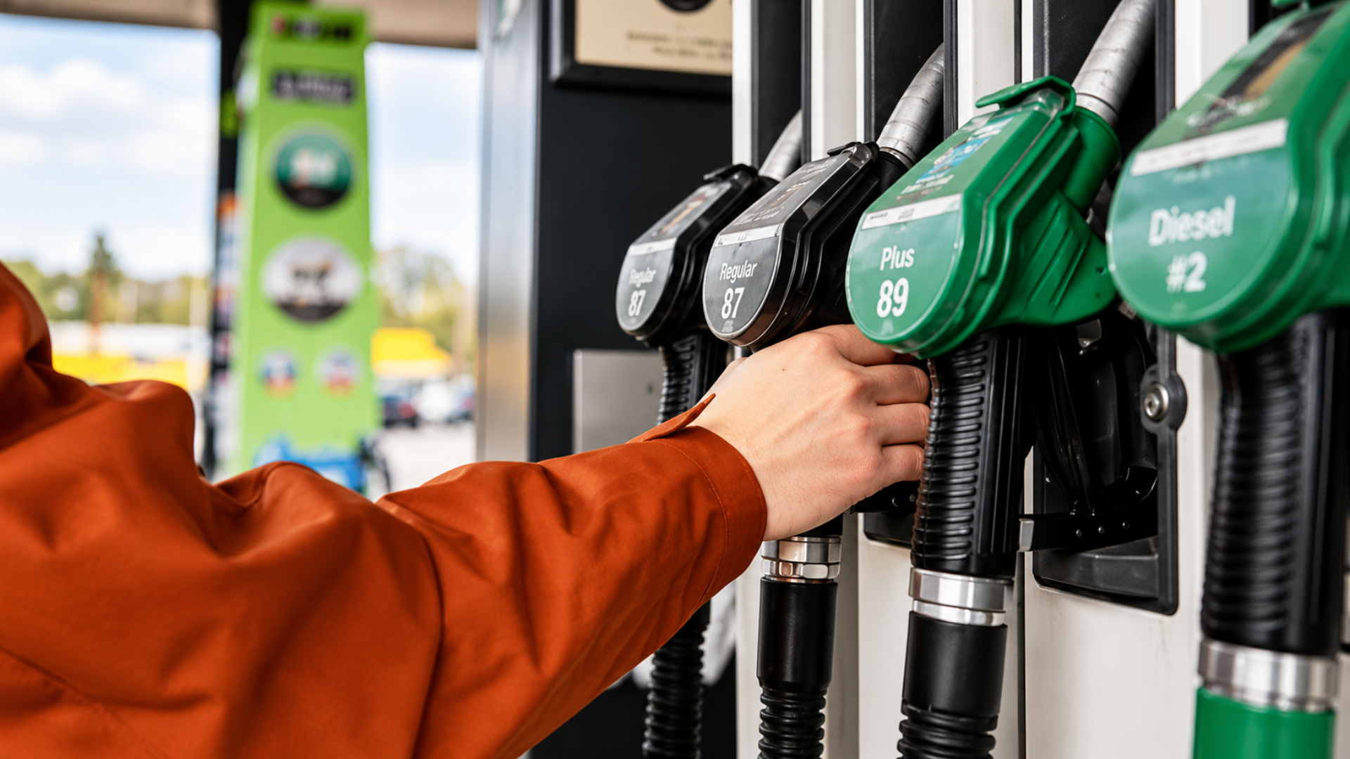 Person grabbing a fuel pump nozzle at a gas station.