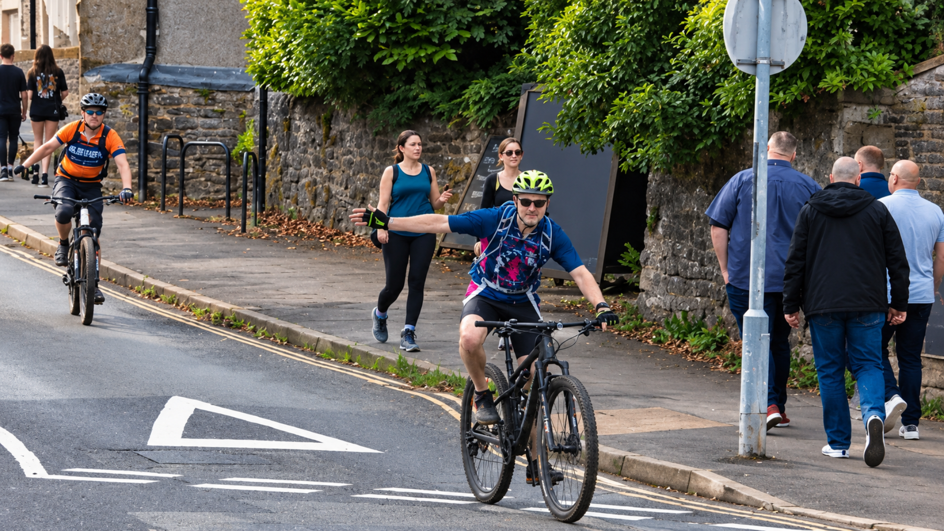 Male cyclist signaling a left turn with his arm extended while riding down a street near pedestrians.