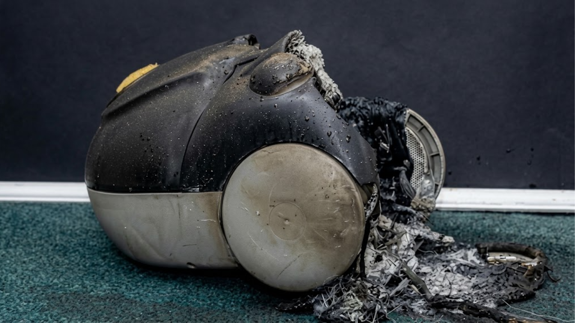 A melted vacuum cleaner after a fire on the floor in the apartment; the fire is extinguished.