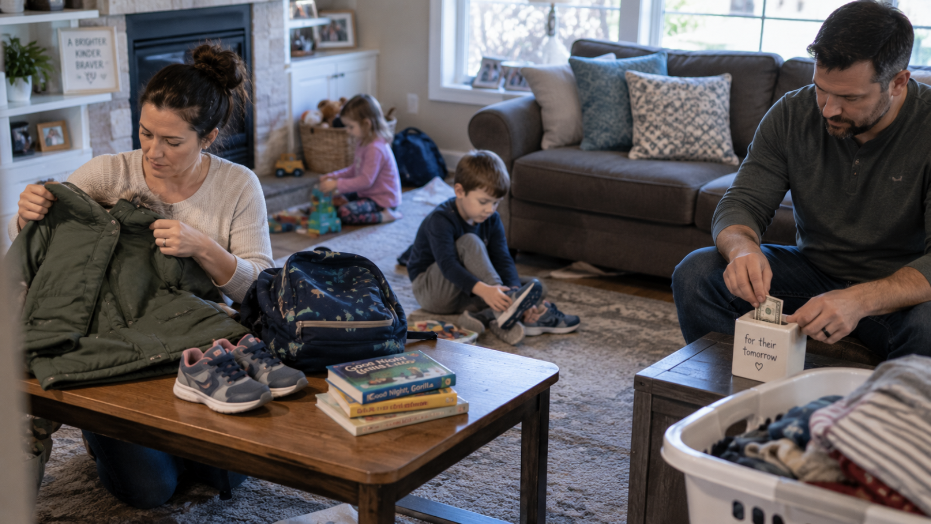 Parents folding laundry and putting money into a savings box in their living room while their children play.